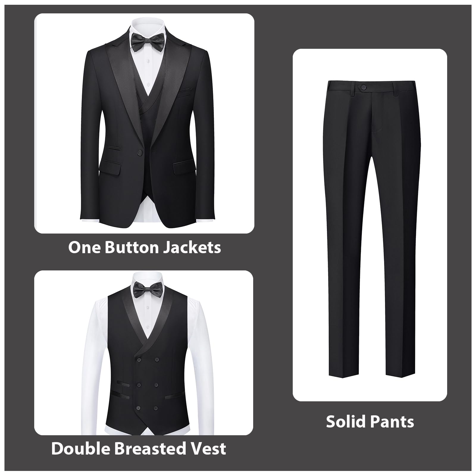 Rogers & Morris Men's 3-Piece Tuxedo Suit - Slim Fit Single Button Peak Lapel Jacket with Vest & Dress Pants - Classic Black Formal Wear for Weddings, Prom & Special Occasions