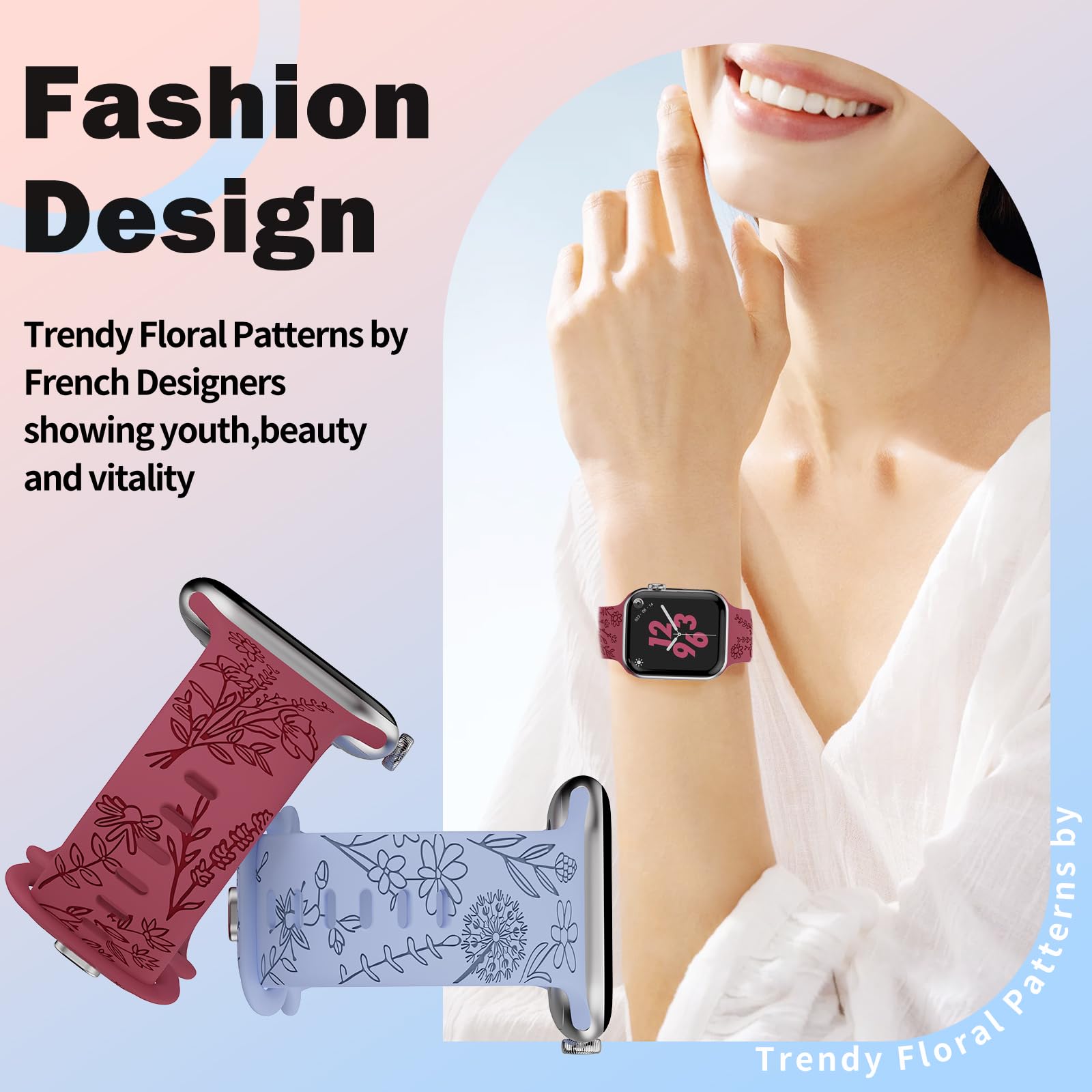 Floral Engraved Apple Watch Bands 4 Pack - Compatible with 38mm/40mm/41mm/42mm/44mm/45mm/49mm - Stylish Women's Accessory for Workouts, Office & Everyday Wear