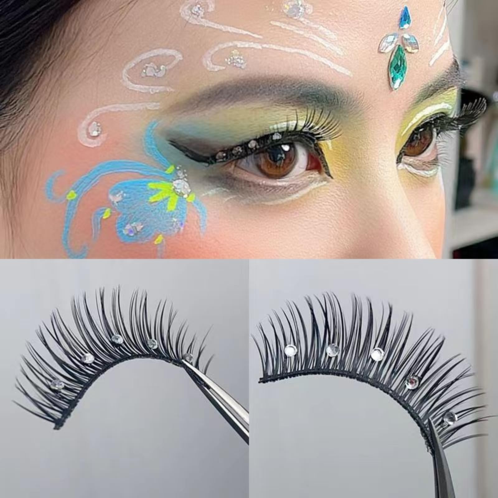 5 Pairs Glitter Lashes 3D Fluffy Natural Anime Eyelashes with Rhinestones - 13mm Dramatic Manga Lashes for Cosplay, Halloween, New Year Party & Stage Makeup (Black Stems) | Perfect for Costume Events, Photo Shoots & Special Occasions