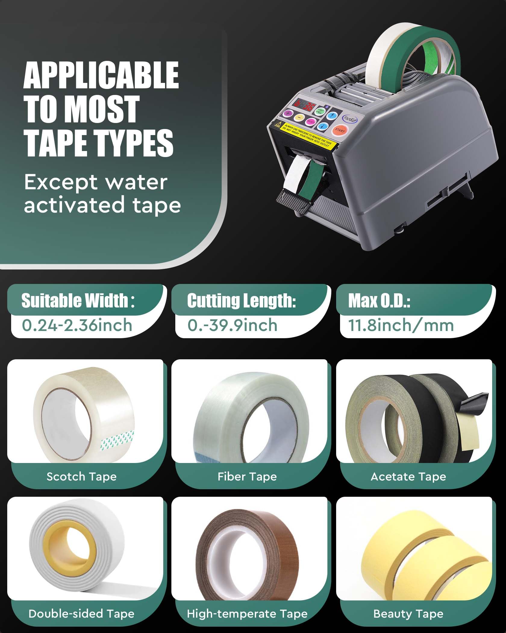 FoundGo Automatic Tape Dispenser - Upgraded Electric Tape Cutter with Silicone Wheel, 999mm Max Cutting Length for 6-60mm Wide Tapes | Intelligent Packing Equipment for Shipping, Moving & Office Use