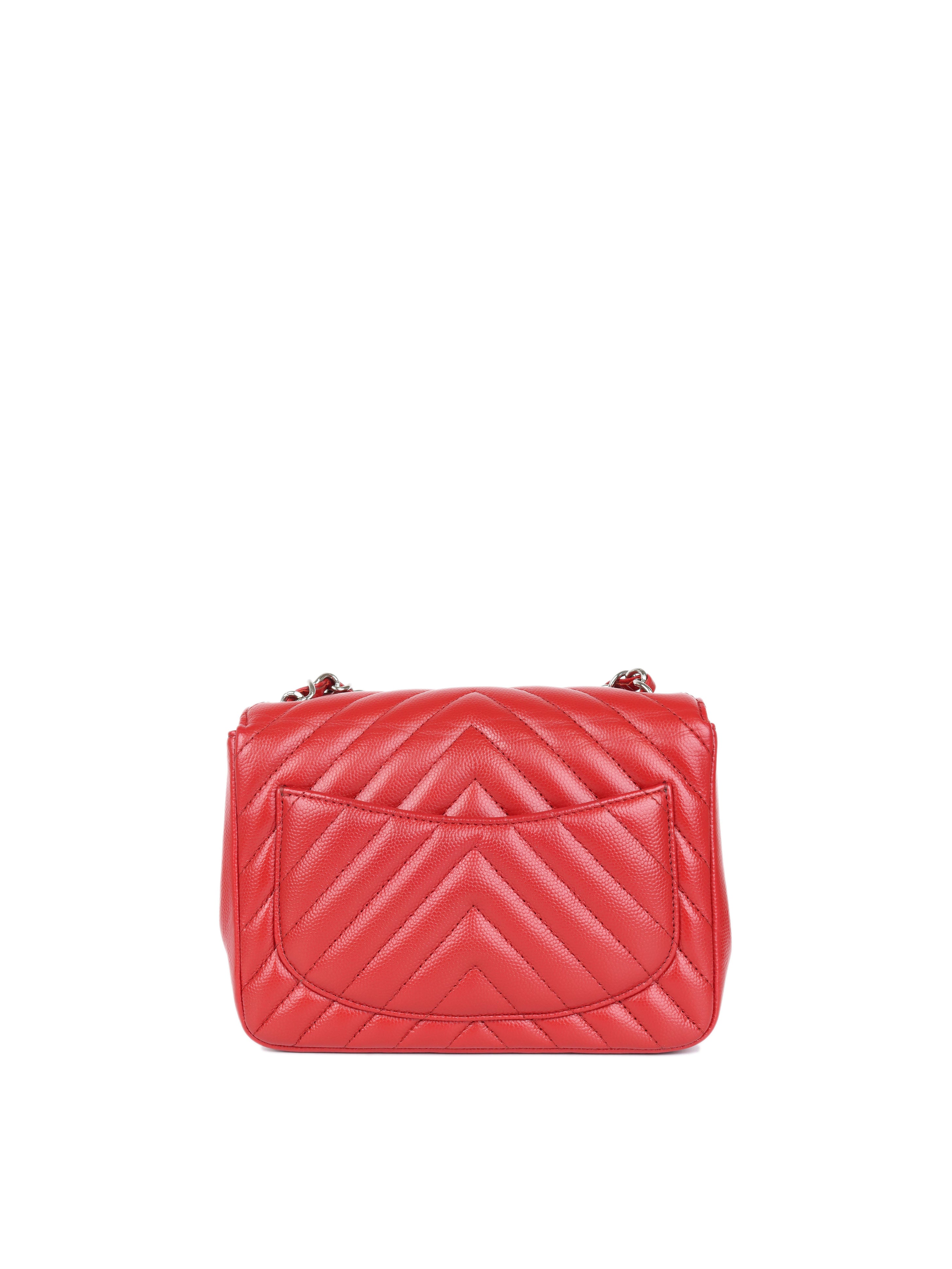 Chanel Red Caviar Chevron Mini Square Classic Flap Bag with Silver Hardware - Luxury Crossbody Purse for Women, Perfect for Evening Parties & Special Occasions