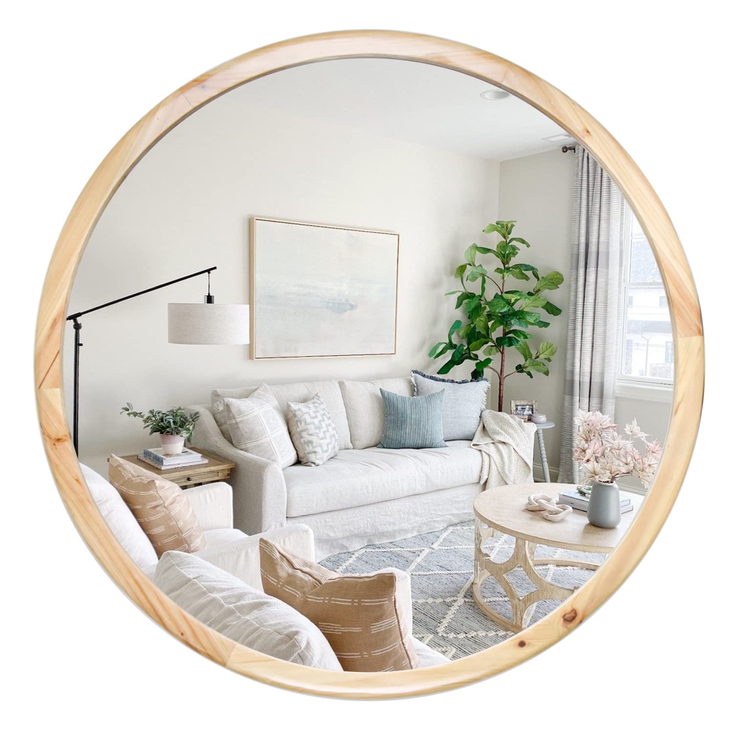GLCS GLAUCUS 36 Inch Round Wooden Wall Mirror - Natural Wood Circle Mirror for Farmhouse Decor, Living Room, Bathroom, Bedroom - Perfect for Rustic Home Decor & Wall Accents
