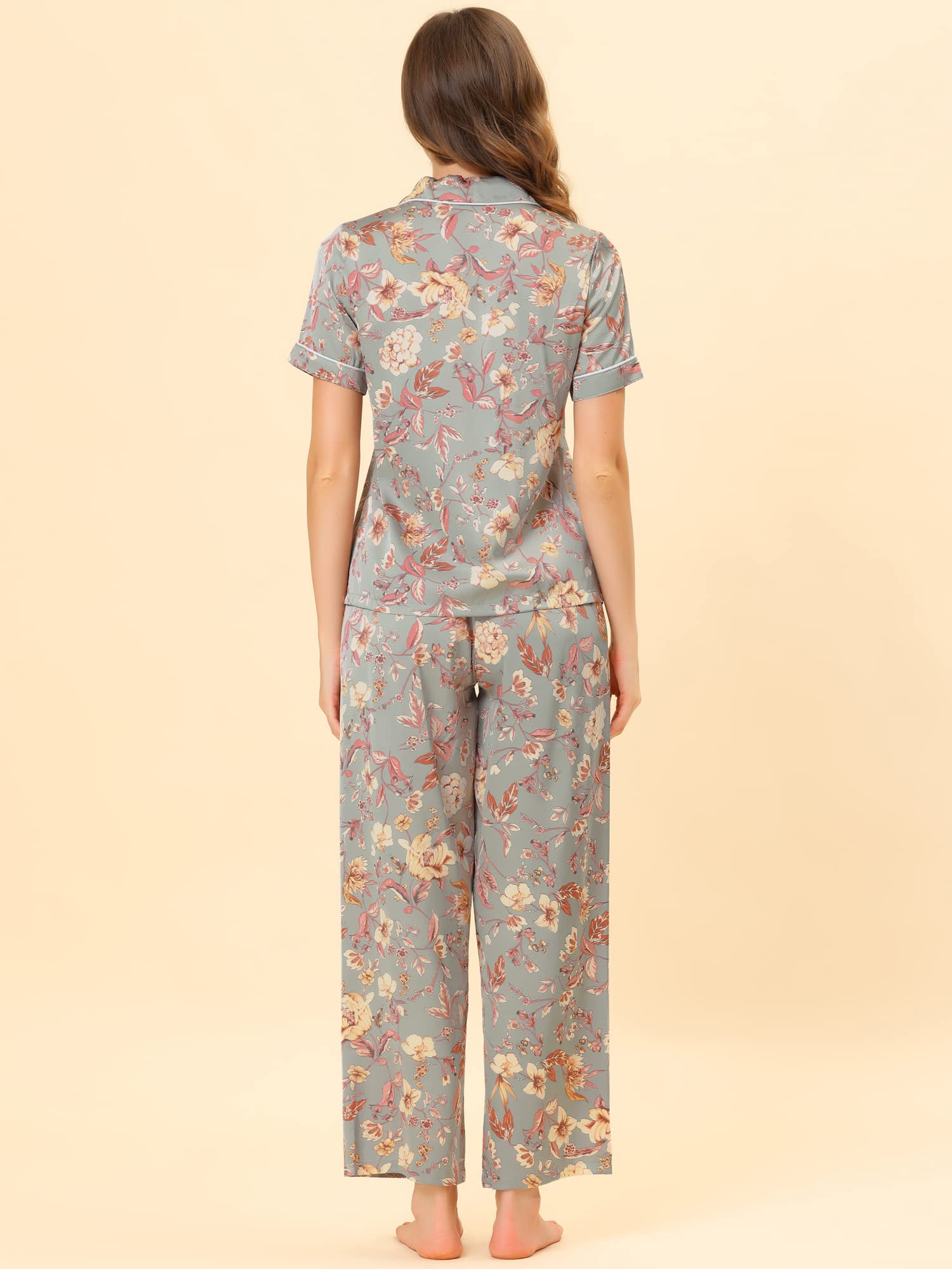 Cheibear Women's Satin Floral Summer Short Sleeve Button Down Top & Pants Lounge Pajama Set - Comfortable Sleepwear for Nightwear, Loungewear & Vacation Outfits