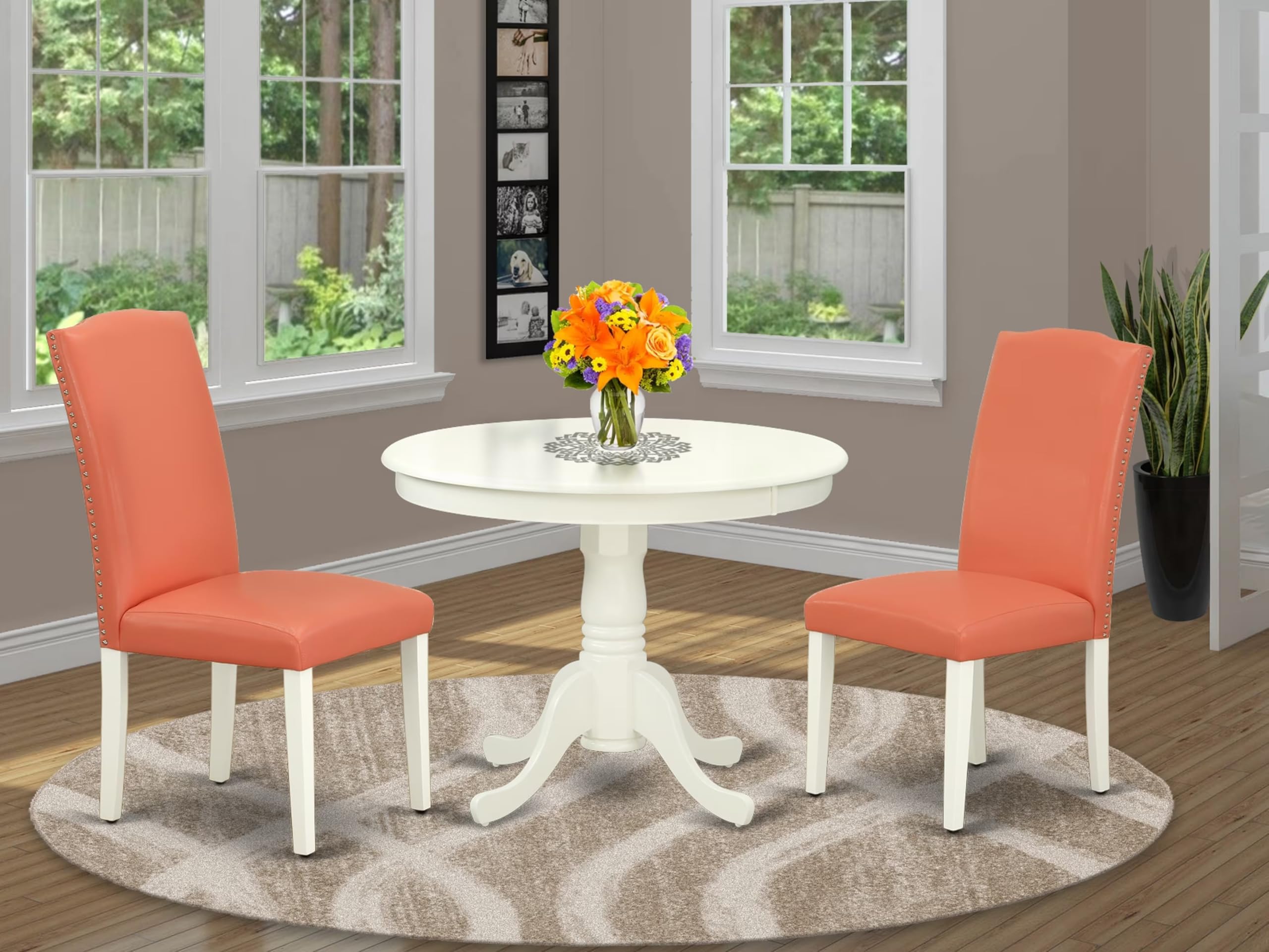 East West Furniture ANEN3-LWH-78 3-Piece Round Dining Set with Pedestal Table & 2 Pink Flamingo Faux Leather Chairs, 36x36 Inch, Linen White - Perfect for Small Kitchens, Breakfast Nooks, and Cozy Dining Spaces