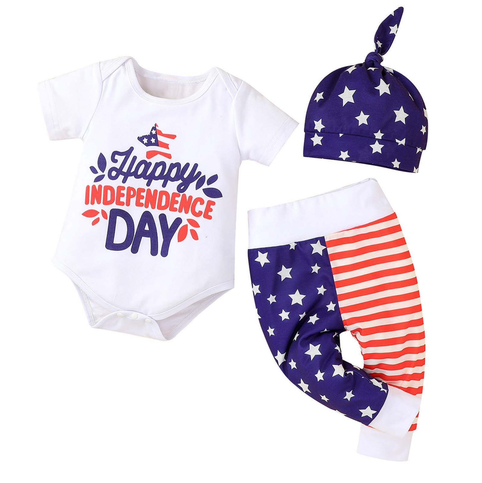 Adorable 4th of July Baby Boy Outfit - Patriotic Stars & Stripes Romper, Pants & Hat Set | Newborn Infant Letter Print Clothing for Boys | Perfect for Independence Day Photos, Family Gatherings & Holiday Celebrations