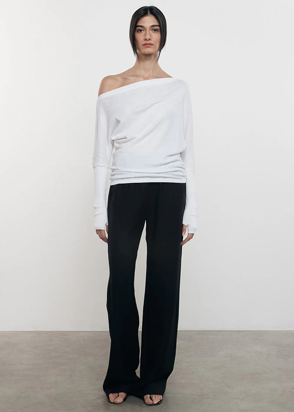 Luxury Cashmere Off Shoulder Long Sleeve Sweater - Soft Winter Pullover with Cuffed Sleeves in White | Perfect for Date Nights & Holiday Parties