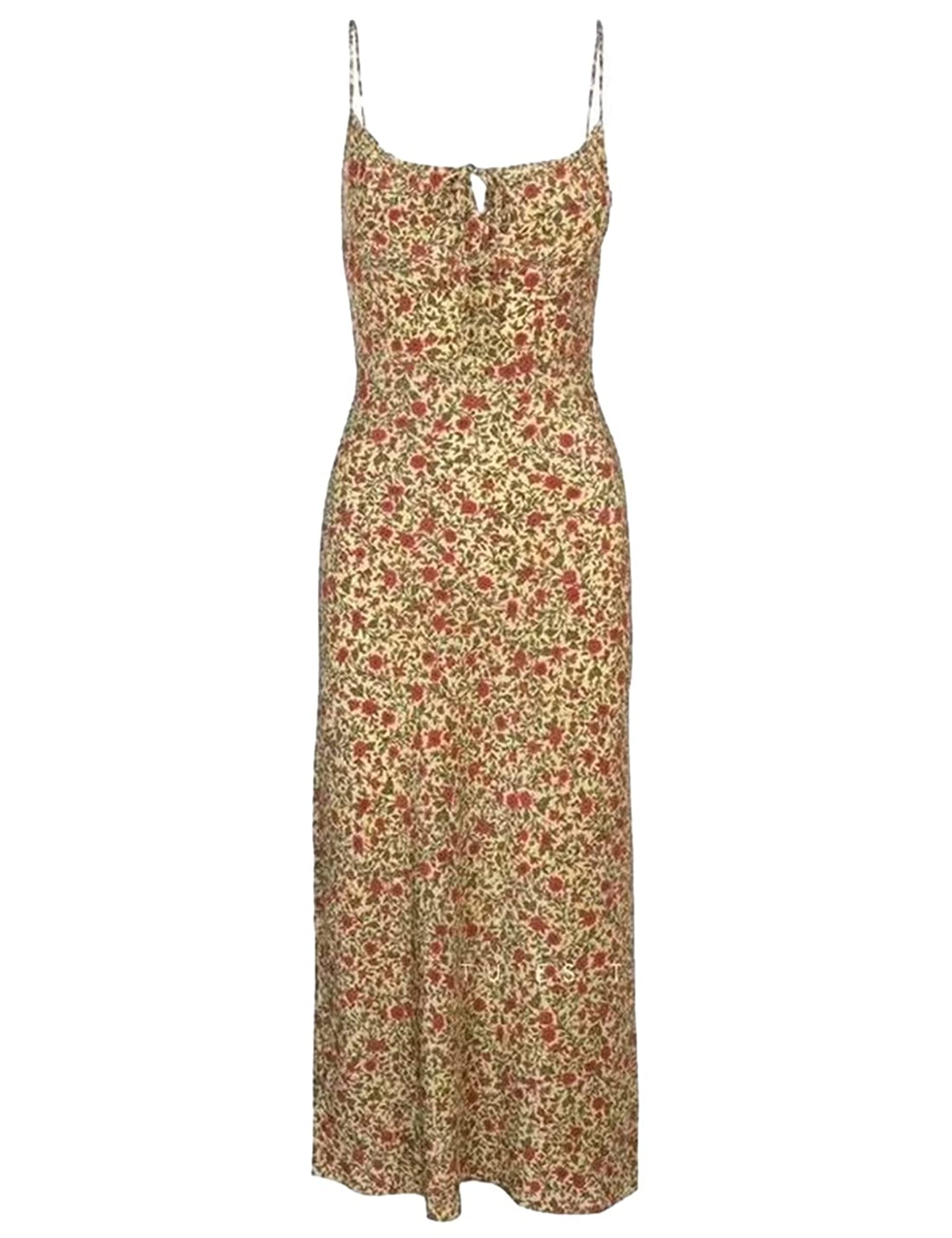InterNos Women's Floral Print Spaghetti Strap Dress - Summer Sleeveless Tie Front Sundress for Beach, Vacation & Date Night | Low Cut Casual Dress for Women