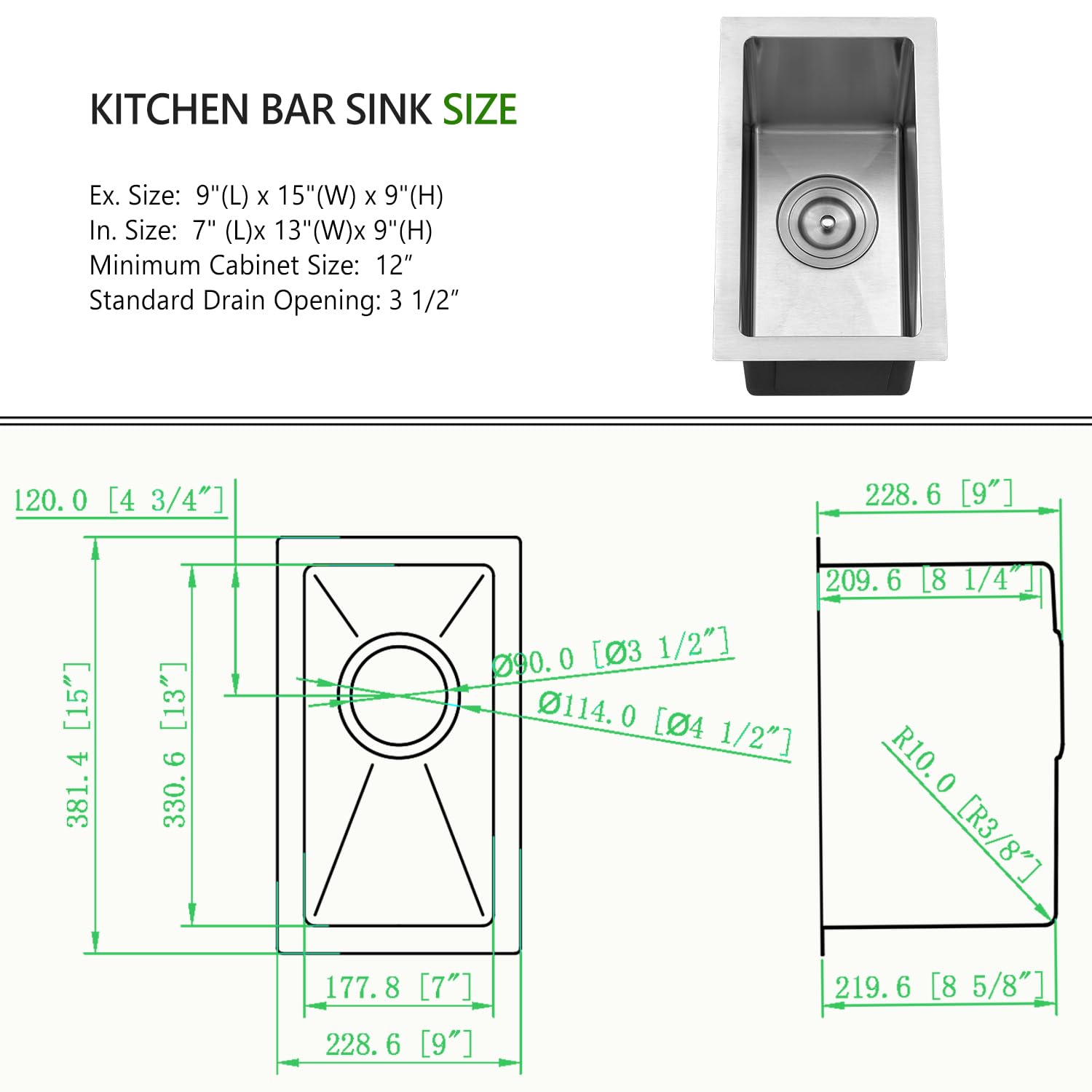 9x15 Inch 16 Gauge Stainless Steel Undermount Bar Sink - Small 9 Inch Sink for Coffee Bars & Kitchenettes - Swift Horse Durable Bar Sink for Home, Office & Commercial Use