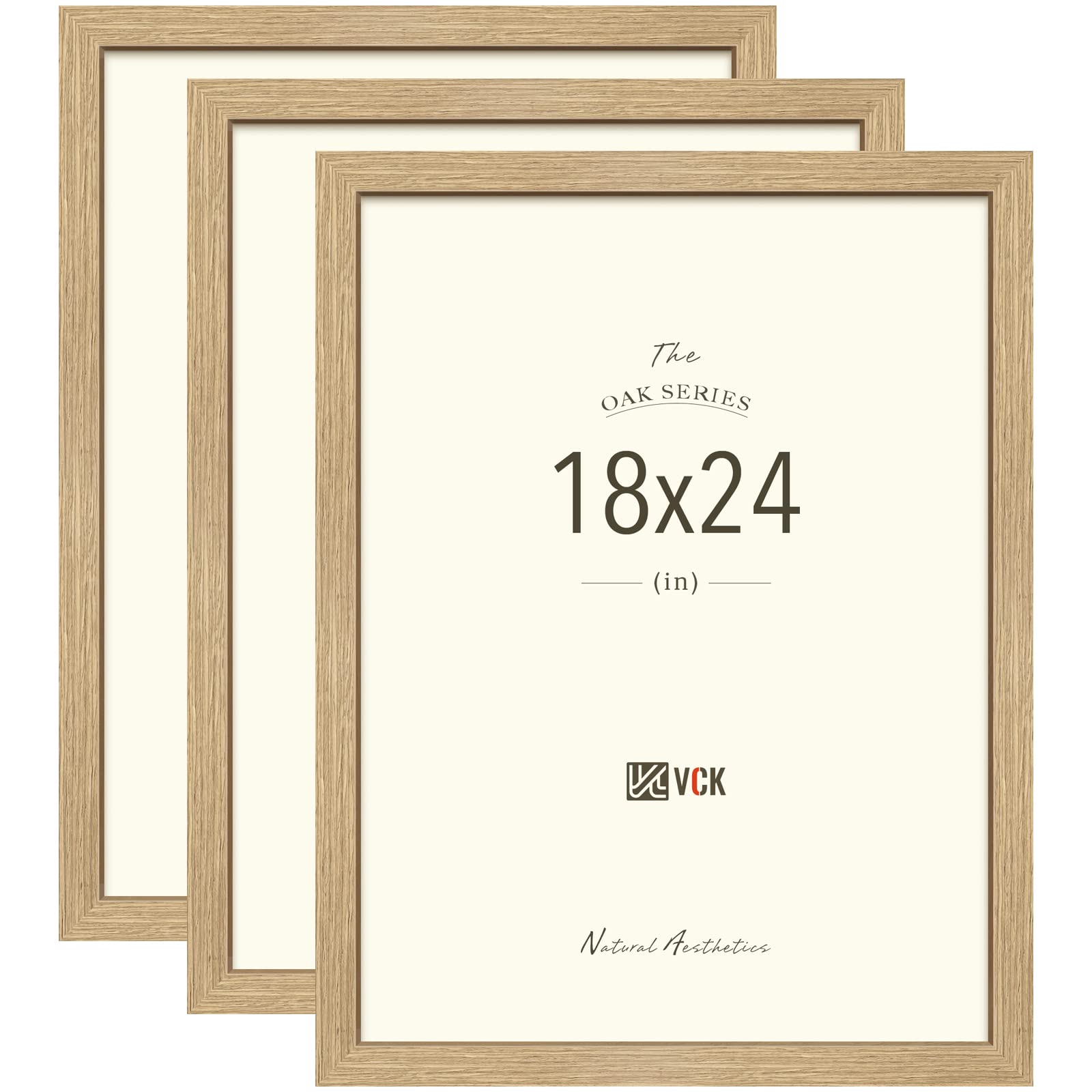 VCK 18x24 Inch Poster Frame Set of 3 - Oak Wood Picture Frames with Wall Hanging Kit, Natural Solid Wood Photo Frames for Home Decor, Office, Gallery Wall Display
