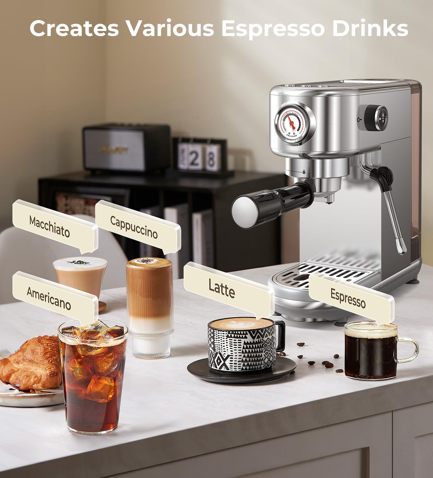 Professional 20 Bar Espresso Machine with Milk Frother - Compact Stainless Steel Coffee Maker for Cappuccino & Latte - Perfect Gift for Coffee Lovers (Silver) | Ideal for Home, Office & Coffee Shops