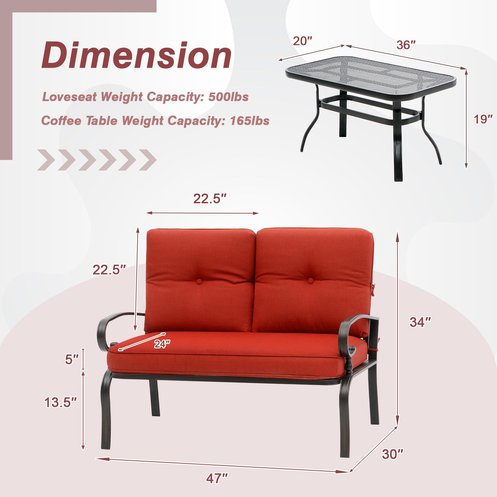 **Oakcloud Outdoor 2-Piece Patio Loveseat Bench Set with Thick Cushions & Coffee Table - Wrought Iron Look, Metal Frame Furniture (Red) - Perfect for Garden, Backyard, and Poolside Relaxation**