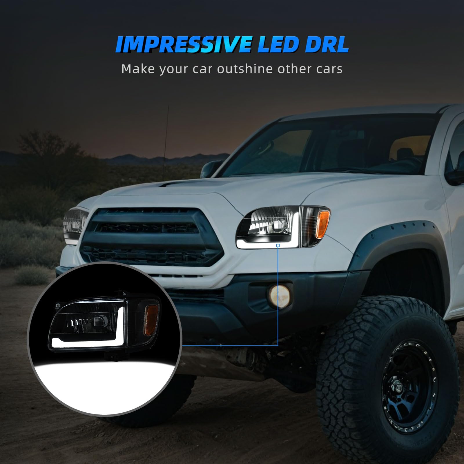 AUTOSAVER88 LED Headlight Assembly Compatible with 2001-2004 Toyota Tacoma - Black Housing with Amber Reflector & Clear Lens + Bumper Lights - Direct Replacement for Improved Night Visibility & Off-Road Driving