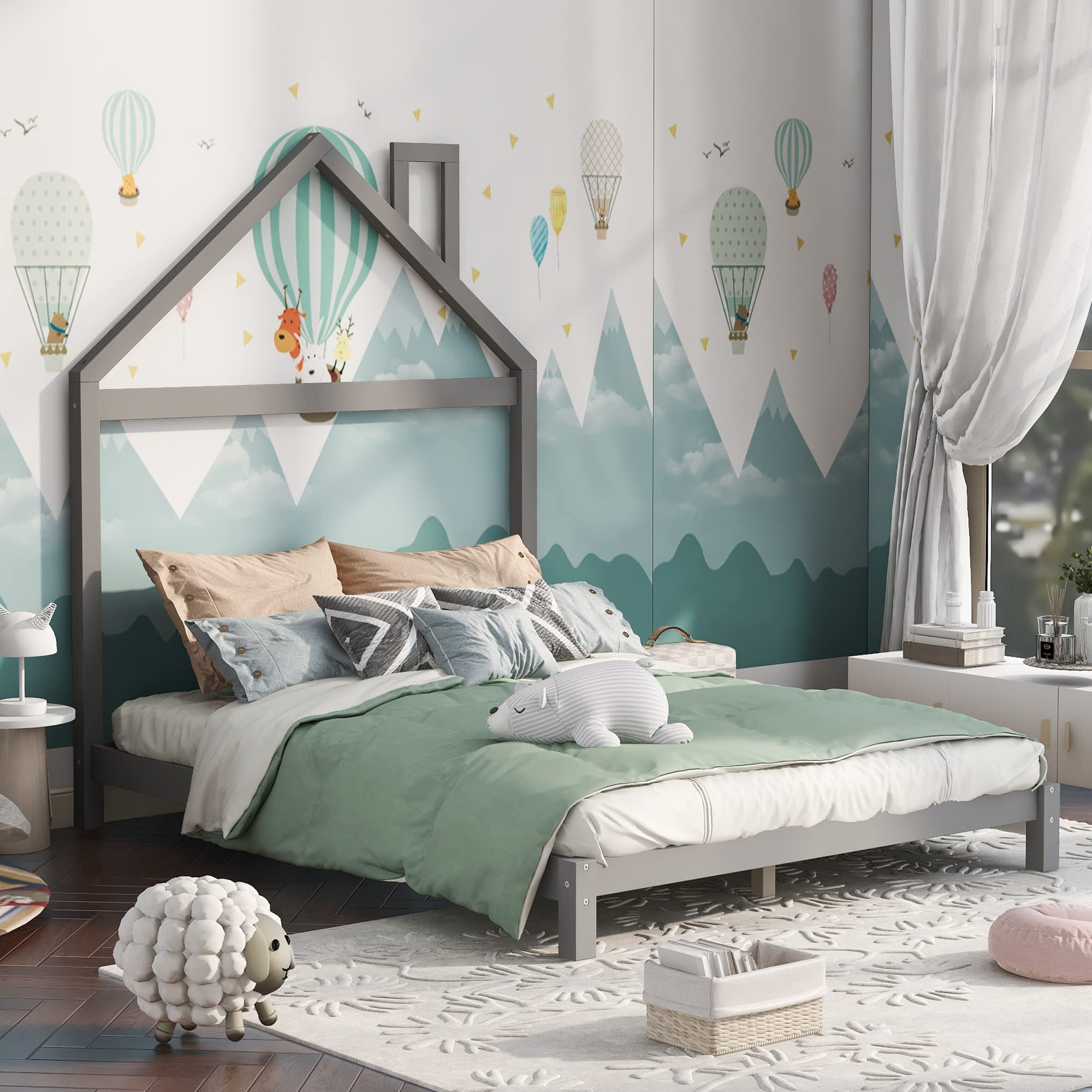 **Kids Full Size House Bed Frame with Wood Slat Support - Sturdy Platform Bed for Toddler & Children's Bedroom, Playroom or Nursery**
