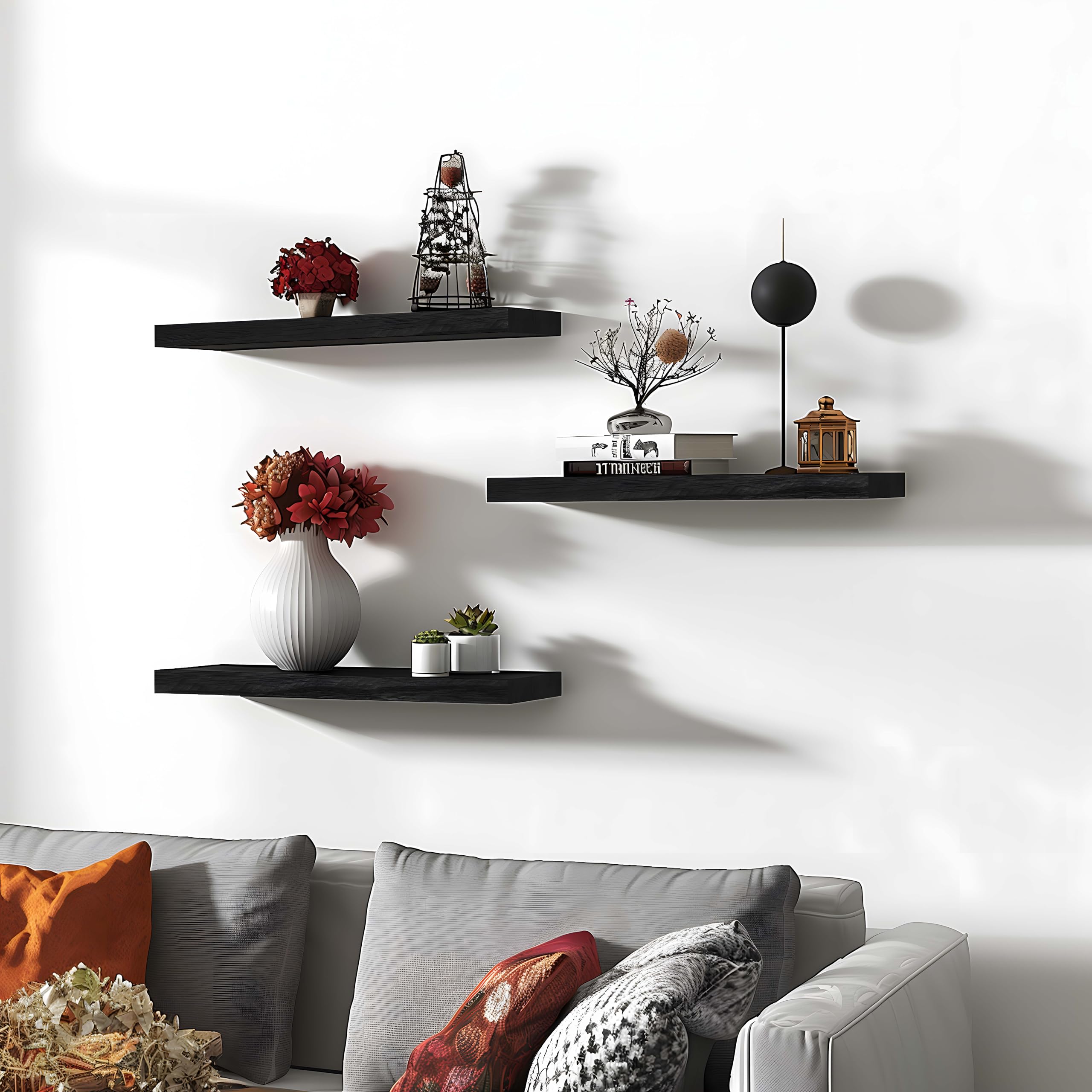Black Wood Floating Shelves Set of 6 - Modern Wall Mounted Shelves for Bedroom, Living Room, Kitchen & Office - Rustic Wooden Wall Shelves for Home Decor & Storage