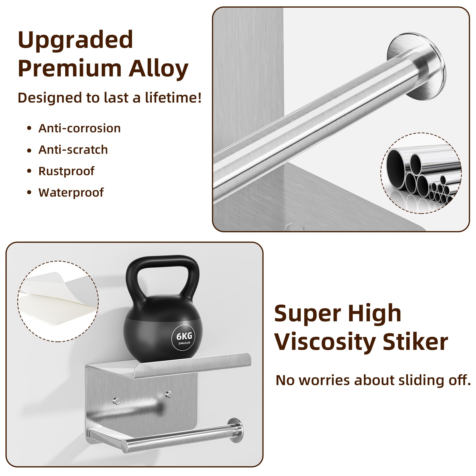 Stick-On Toilet Paper Holder with Phone Shelf - Wall Mounted Rustproof Bathroom Tissue Roll Holder with Storage Shelf - Space Saving Bathroom Organizer for Small Spaces (Silver) - Perfect for Apartments, RVs, and Compact Bathrooms