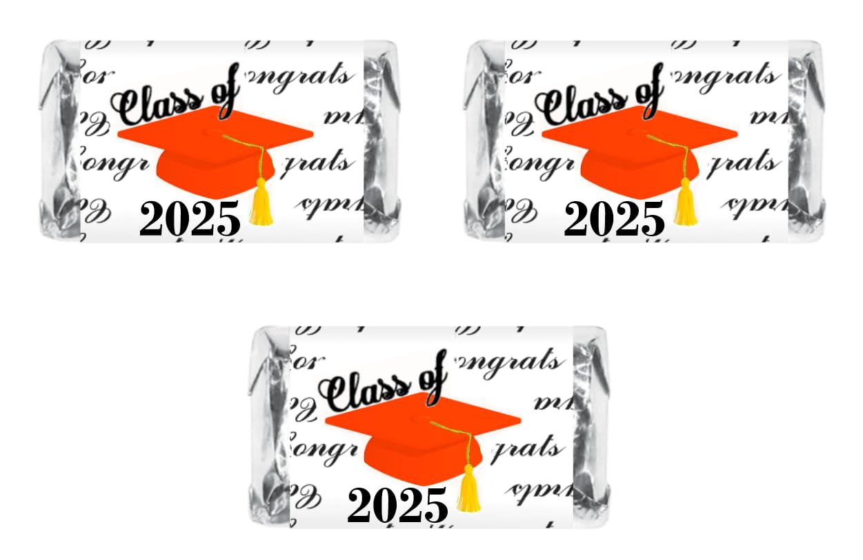60pcs Class of 2025 Graduation Cap Mini Candy Wrappers - Orange Chocolate Bar Stickers & Labels (Candy Not Included) | Perfect for Graduation Parties, School Events & DIY Candy Gifts | Made in USA