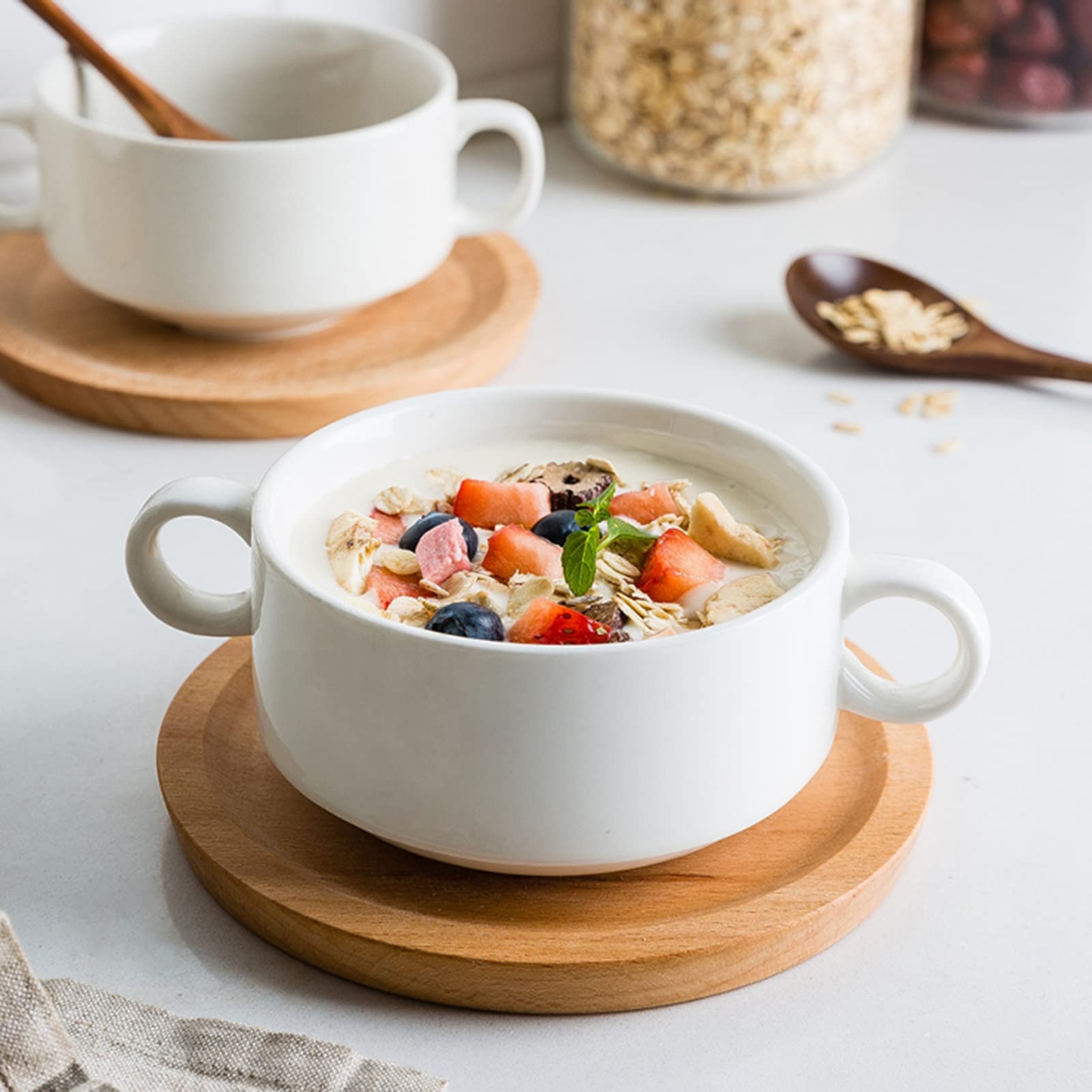 6-Piece Ceramic Soup Bowls with Handles - Microwave & Oven Safe White Bowls for French Onion Soup, Cereal, Chili, Stew, Salad & Fruit - Perfect for Dining, Entertaining & Everyday Use (10 oz, White)