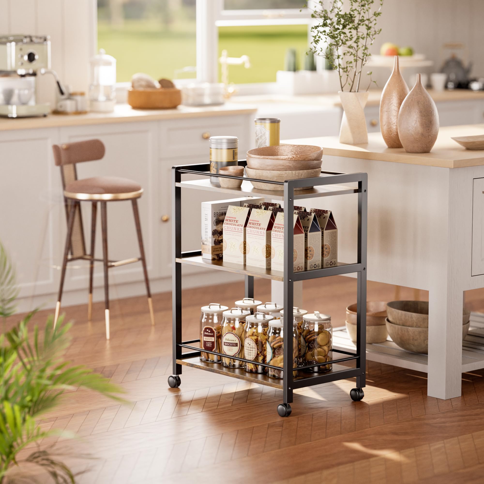 3-Tier Rolling Bar Cart with Wheels & Storage Shelves - Rustic Brown & Black Home Bar Serving Cart for Kitchen, Dining & Living Room | Perfect for Entertaining, Cocktail Parties & Beverage Storage
