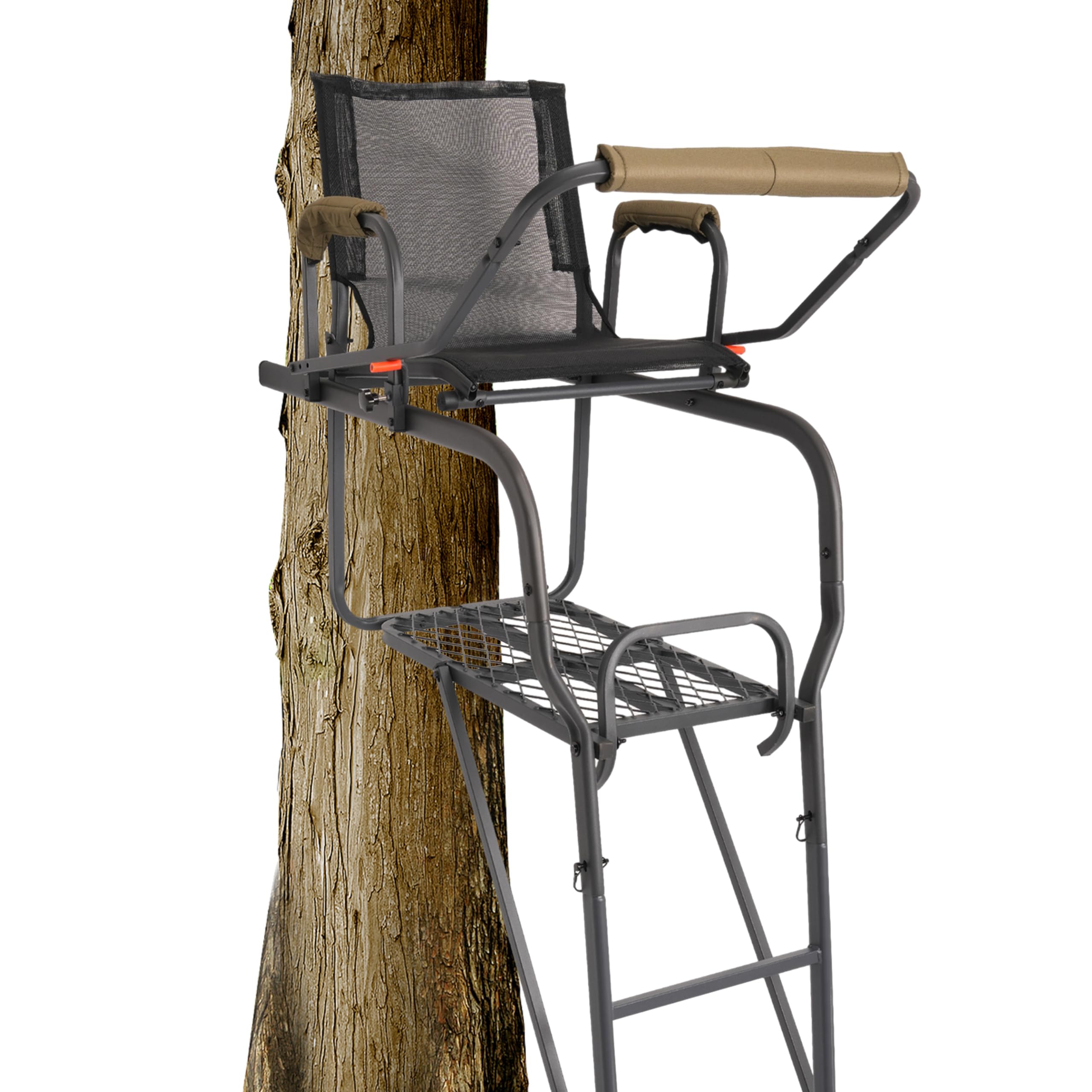 KUAFU 15.5 Foot Ladder Tree Stand for Hunting - Lightweight Steel Deer Stand with Comfortable Mesh Seat - Perfect for Bow Hunting and Wildlife Observation in Wooded Areas