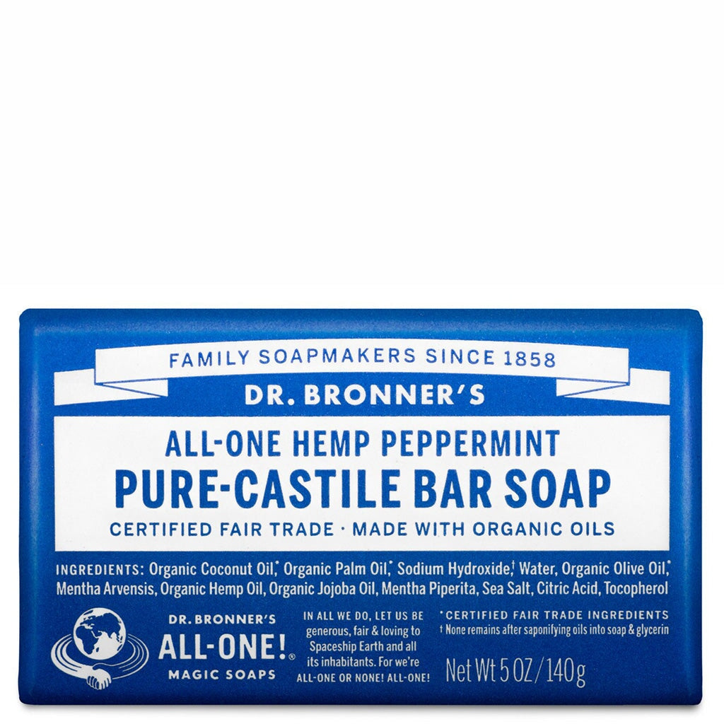 Dr. Bronners Pure Castile Bar Soap - Peppermint Scented, Organic, Vegan, 18-in-1 Uses | Gentle Cleansing for Face, Body & Hair | Perfect for Travel, Camping & Eco-Friendly Home Use