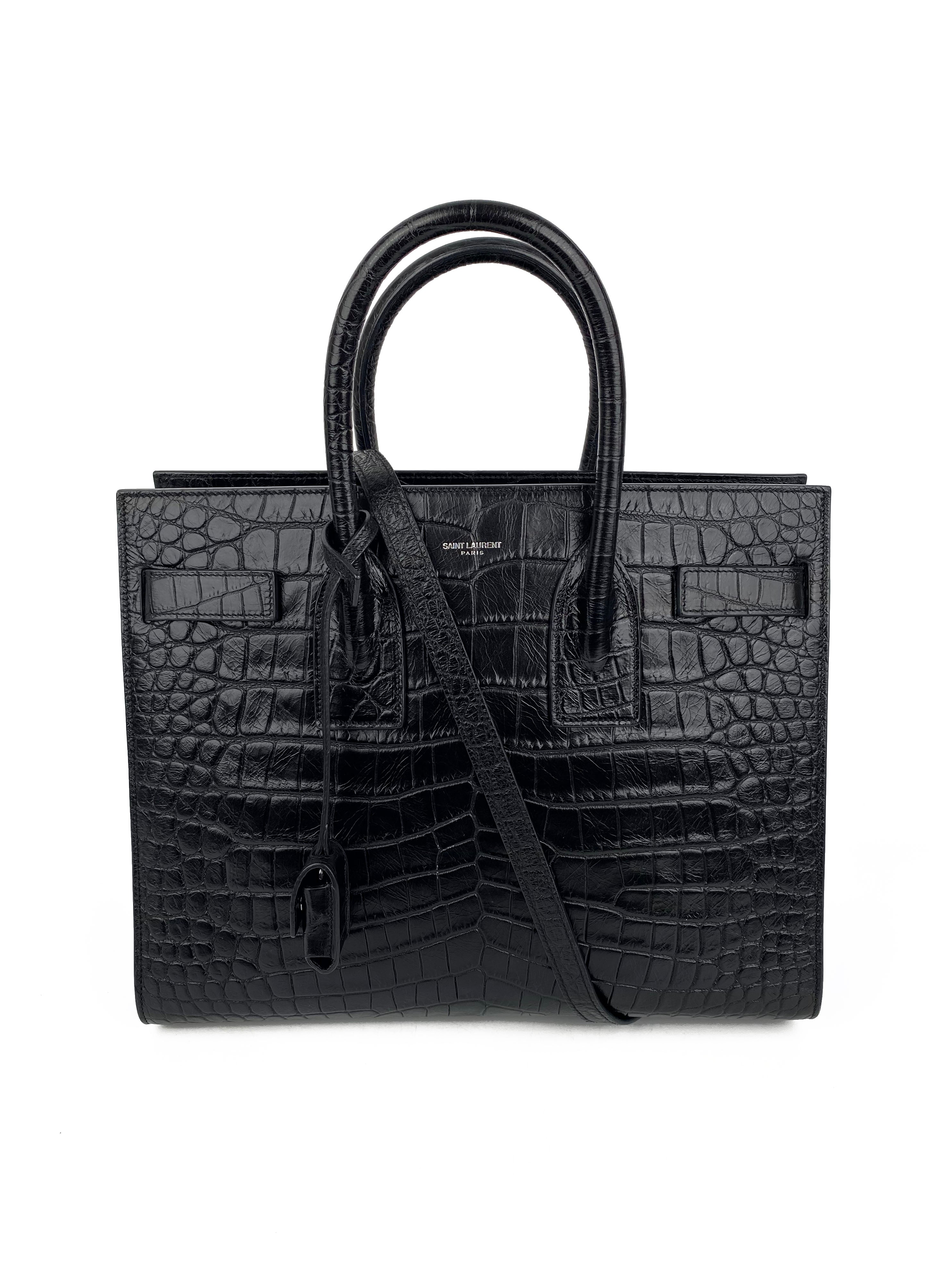 Saint Laurent Small Black Croc-Embossed Leather Sac de Jour Handbag for Women | Luxury Designer Tote Bag for Work, Travel & Everyday Use