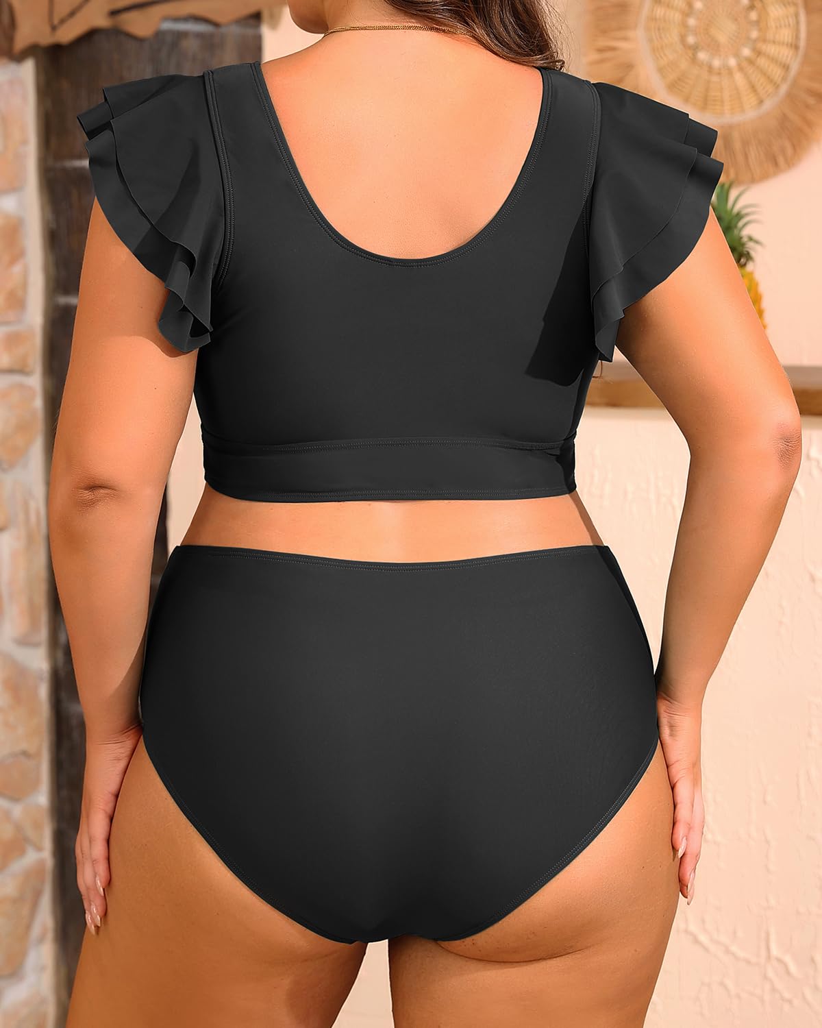 Daci Plus Size Two Piece Bikini Swimsuits for Women - High Waisted Tummy Control Bathing Suit with Ruffle Sleeve | Beach Vacation, Pool Party, Summer Swimwear