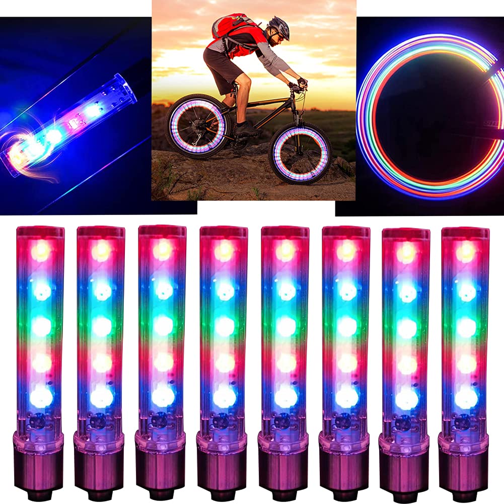 8 Pack 5 LED Bike Tire Wheel Valve Lights - Flashing Bicycle Wheel Cap Lights for Night Cycling Safety, Waterproof Spoke Lights for Road/Mountain Bikes - Perfect for Commuting, Night Rides & Cycling Events