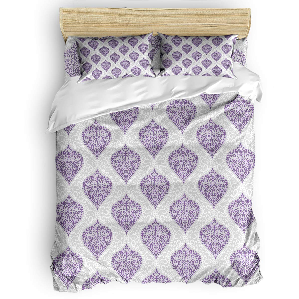 4-Piece Full Size Cotton Duvet Cover Set - Reversible European Style Purple Damask Pattern with Zipper Closure | Luxury Bedding for Master Bedroom, Guest Room & Dorm Decor