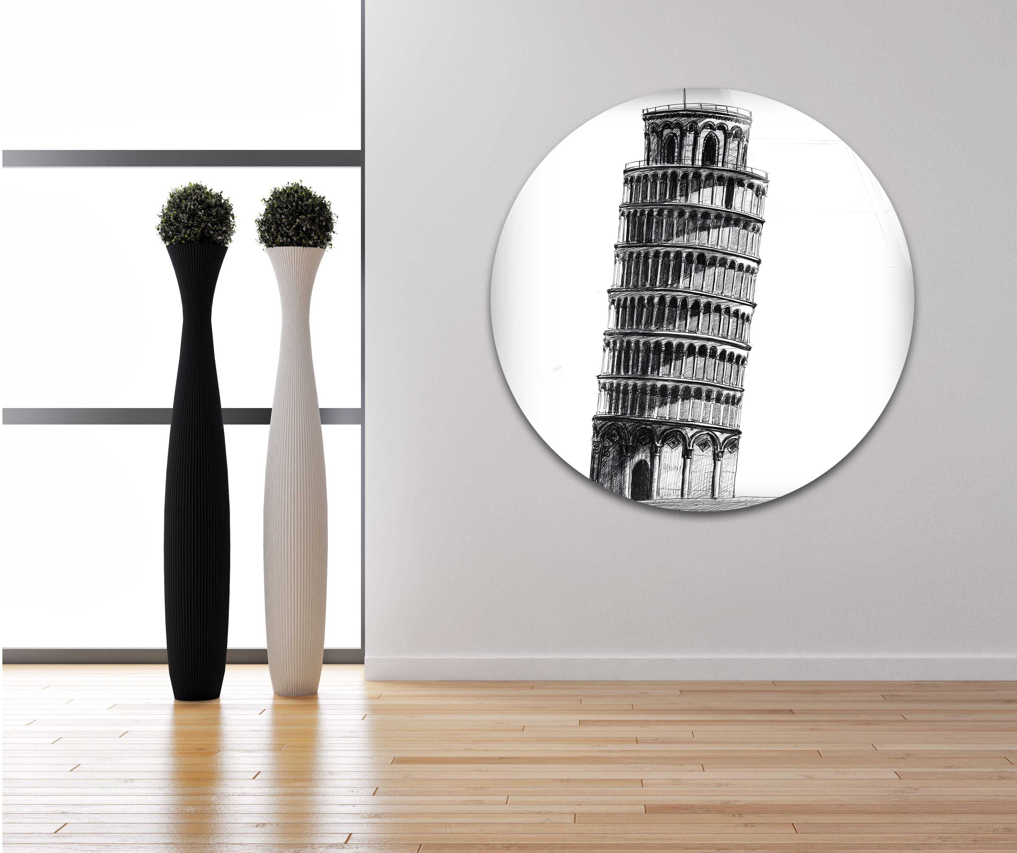 Black & White Pisa Tower Drawing Glass Wall Art - Elegant Home Decor for Living Room, Bedroom & Office - Perfect Gift for Architecture Lovers