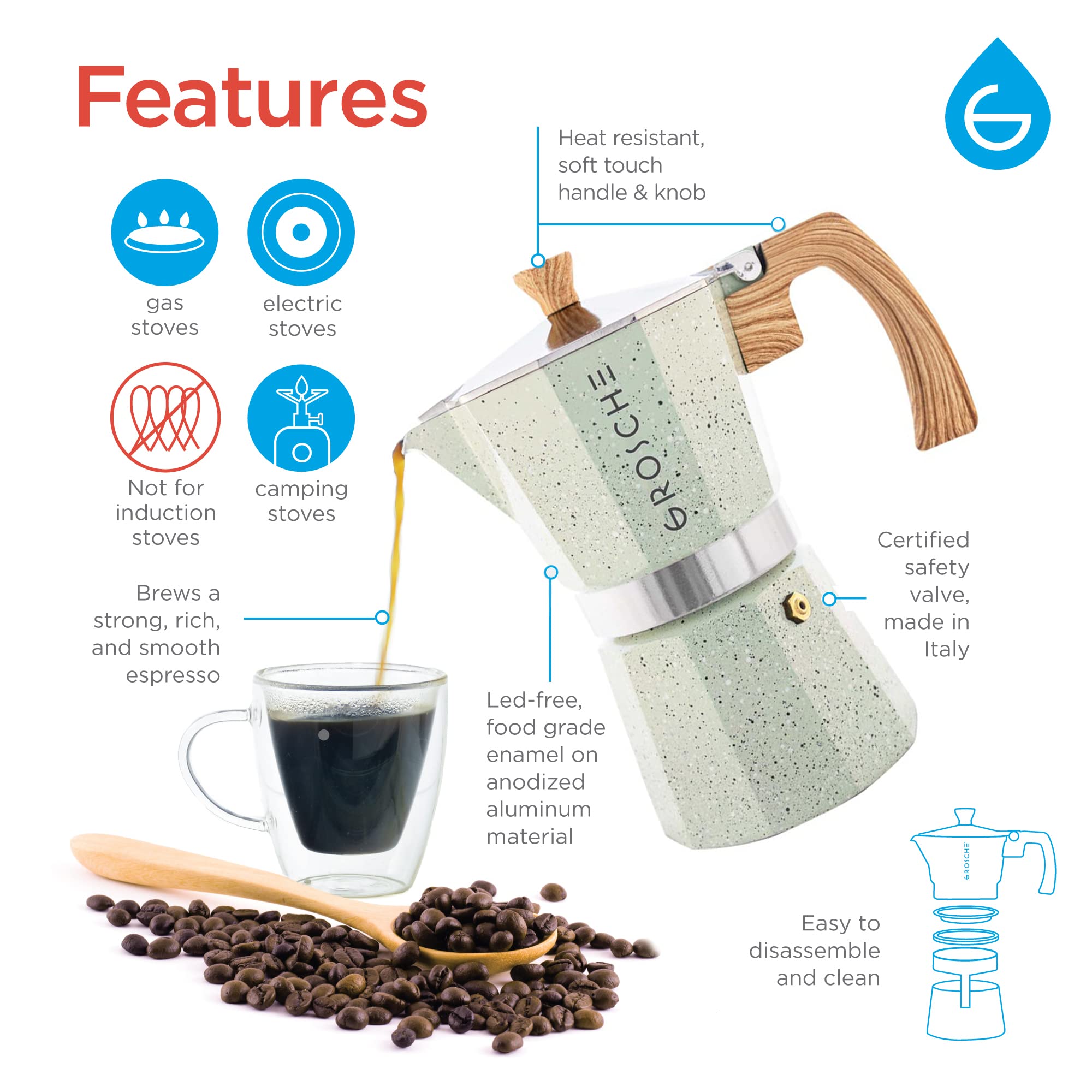 GROSCHE Milano Moka Pot - 6 Cup Stovetop Espresso Maker & Coffee Percolator in Mint Green | Perfect for Home Brewing, Camping & Italian-Style Coffee