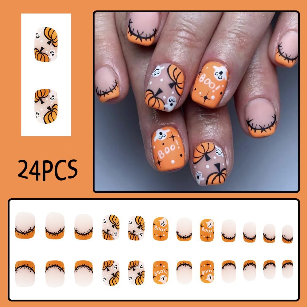 Halloween Pumpkin Press On Nails - Short Square Orange French Tip Acrylic Fake Nails with Ghost Designs | Matte False Nails for Women (24PCS) | Perfect for Halloween Parties, Cosplay & Spooky Nail Art