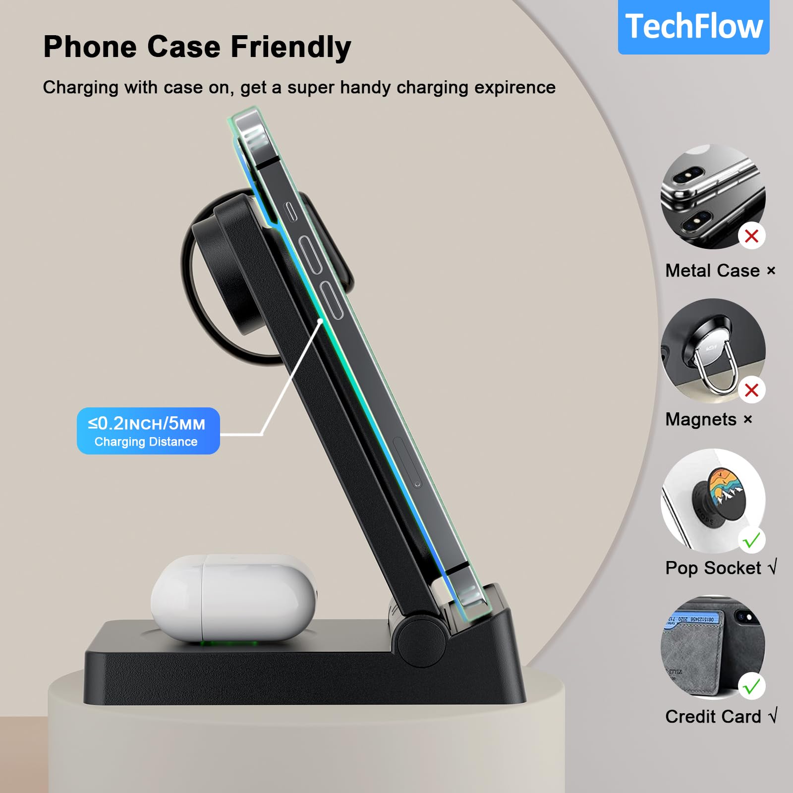 TechFlow 3-in-1 Foldable Fast Wireless Charger for iPhone 15/14/13/12/11/Pro Max/X/XS/XR/8 Plus, Apple Watch Series 9/8/7/SE/6/5/4, AirPods 3/Pro/2 - Black | Multi-Device Charging Station for Home, Office & Travel