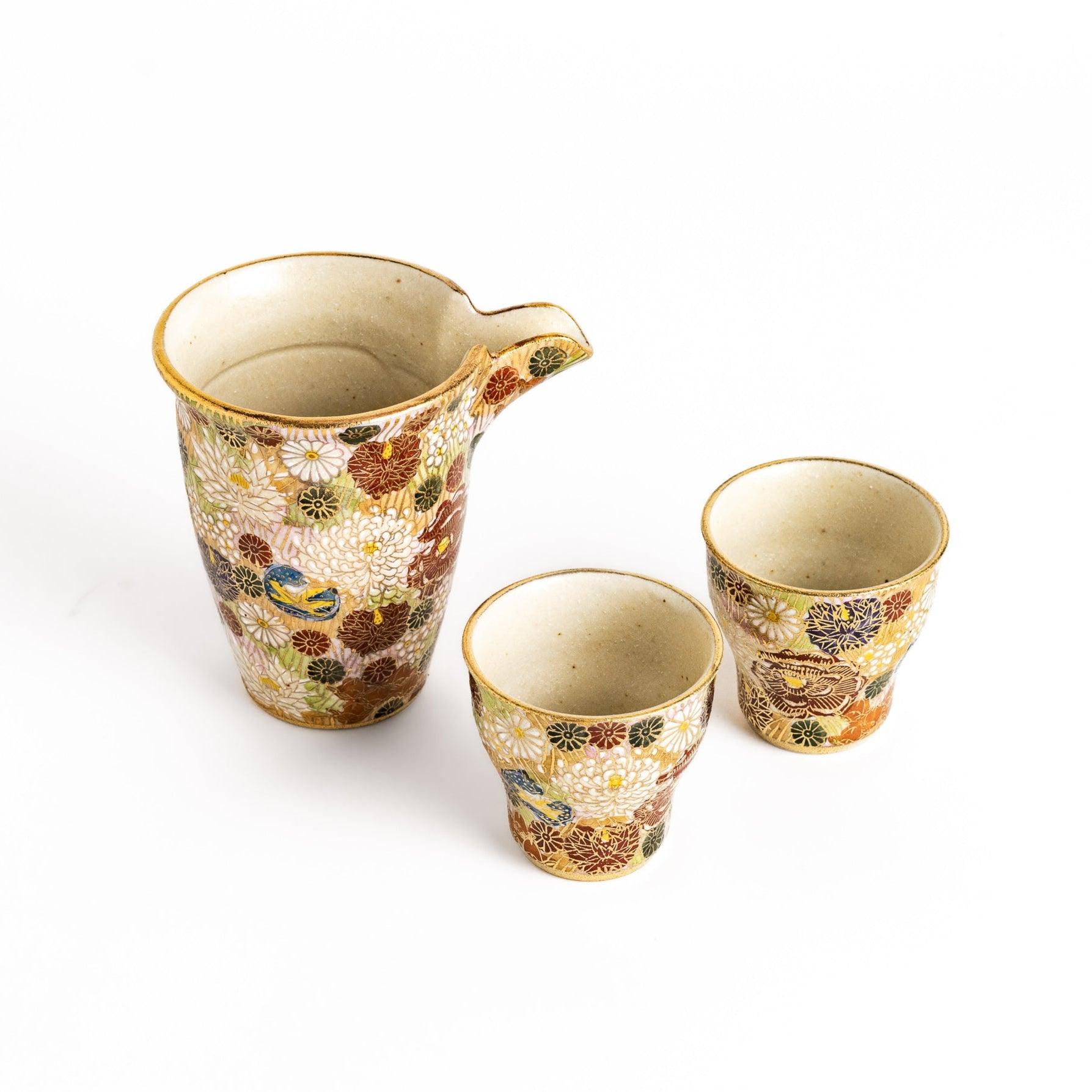 Elegant Gold Floral Tapestry Sake Set - Japanese Ceramic Sake Bottle and Cups Gift Set for Home Decor, Tea Ceremony & Asian-Themed Parties