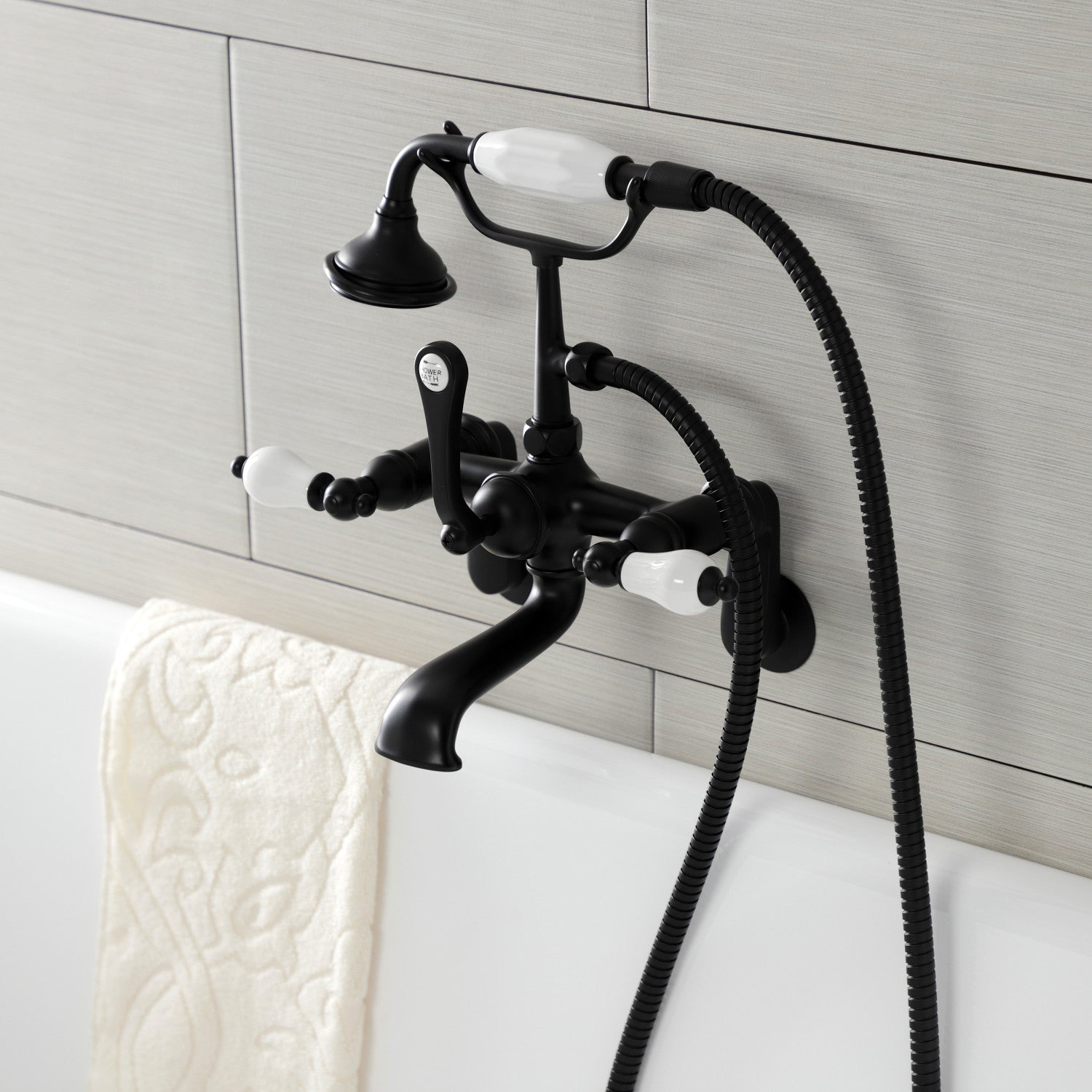 Vintage Matte Black 3-Handle Wall Mount Clawfoot Tub Faucet with Hand Shower - AE55T0 Bathroom Fixture for Classic & Modern Bathrooms