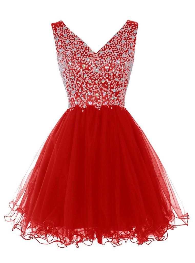 Elegant Women's Short V-Neck Beaded Tulle Cocktail Dress for Party, Homecoming, Prom & Special Occasions