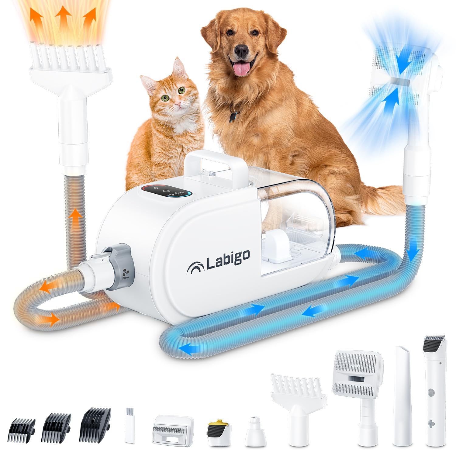 LABIGO 8-in-1 Professional Dog Grooming Kit - Pet Hair Vacuum, Adjustable Speed Hair Dryer, Electric Clippers, Nail Grinder & Paw Trimmer for Shedding Control - 2.7L Dust Cup - Perfect for Home Pet Grooming & Professional Salon Use