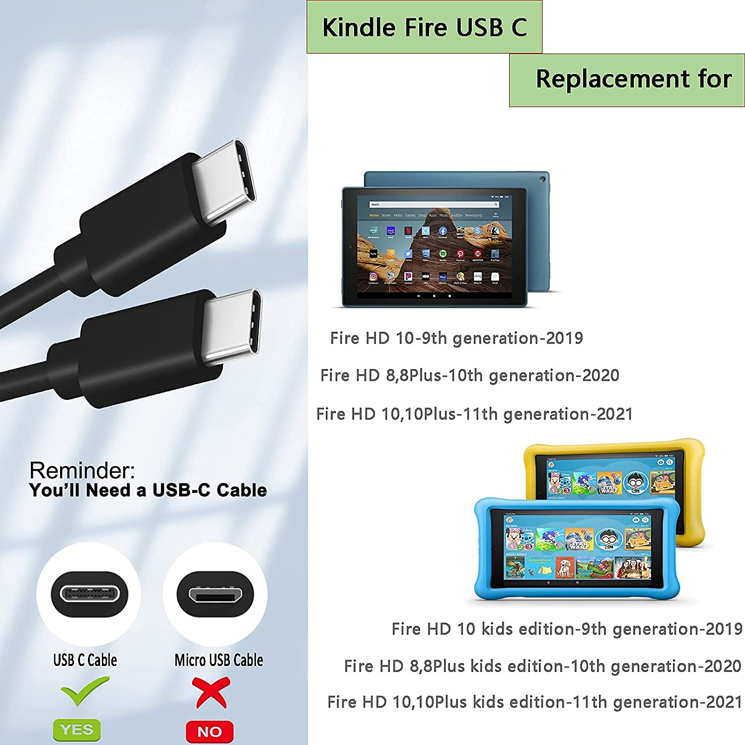 3.3FT USB-C Fast Charging Cable - Compatible with Amazon Fire HD 8/10/Plus/Kids/Pro/Max 11 Tablets (2020-2023), Kindle Paperwhite 11th Gen & New Kindle eReaders - High Speed Data Sync & Charging for Home, Office & Travel