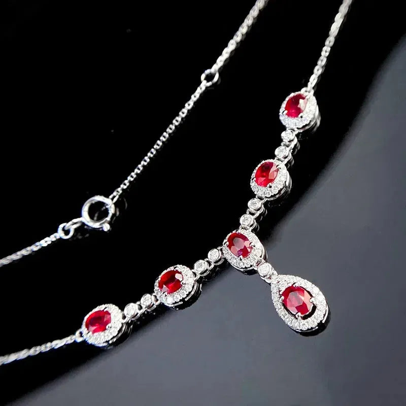 18K White Gold Ruby and Diamond Necklace for Women - Y-Shaped Luxury Fine Jewelry with Natural Gemstones - Perfect for Senior Banquets, Parties & Special Occasions