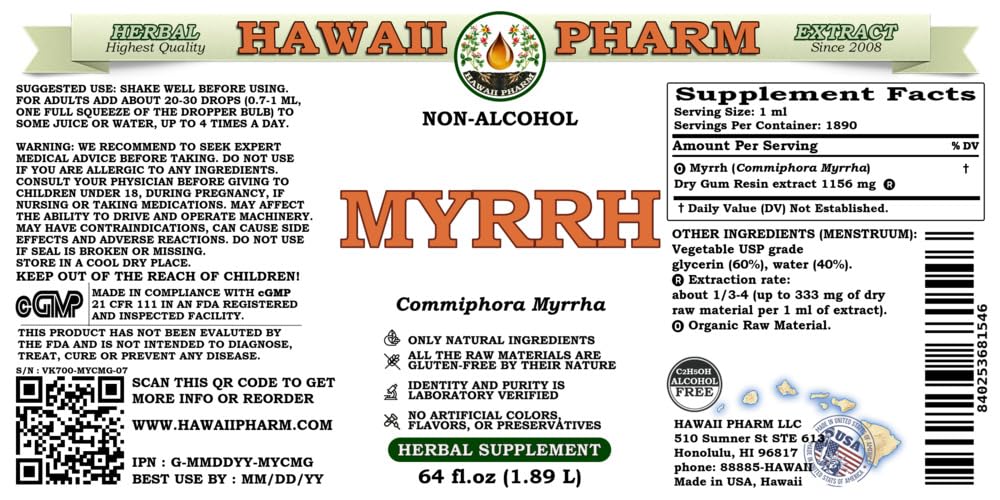 Organic Myrrh Alcohol-Free Liquid Extract (Commiphora myrrha) - Natural Herbal Supplement Glycerite, 64 fl.oz by Hawaii Pharm USA | Supports Immune Health, Skin Care & Aromatherapy