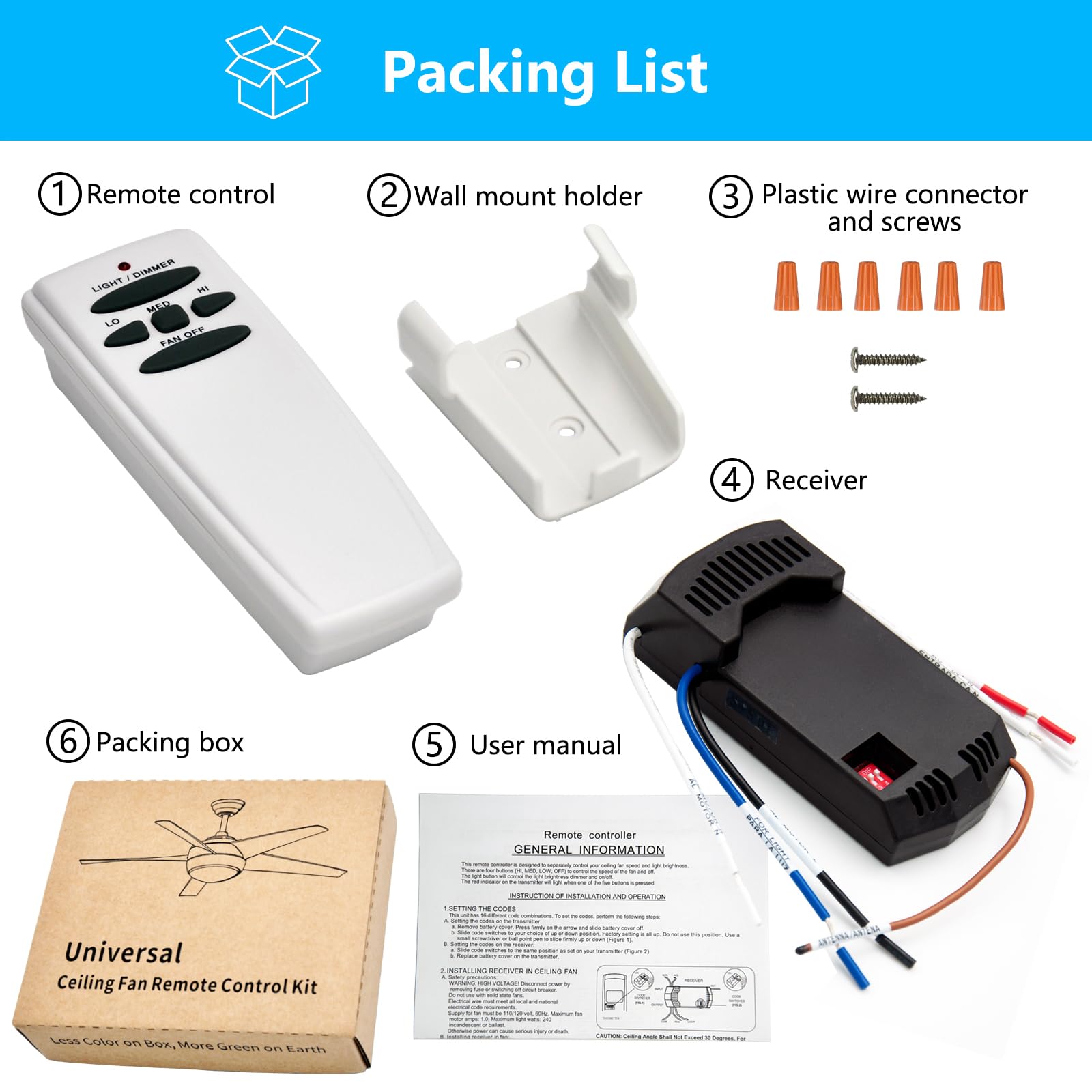 Universal Ceiling Fan Remote Control & Receiver Kit - 3-Speed with Light Dimmer, Compatible with Hampton Bay, Hunter, Harbor Breeze (Replaces FAN28R, FAN-53T, L3H2010FANHD, CHQ7078T, UC7078T, Fan-HD, HD5) - Perfect for Bedroom, Living Room & Outdoor Spaces