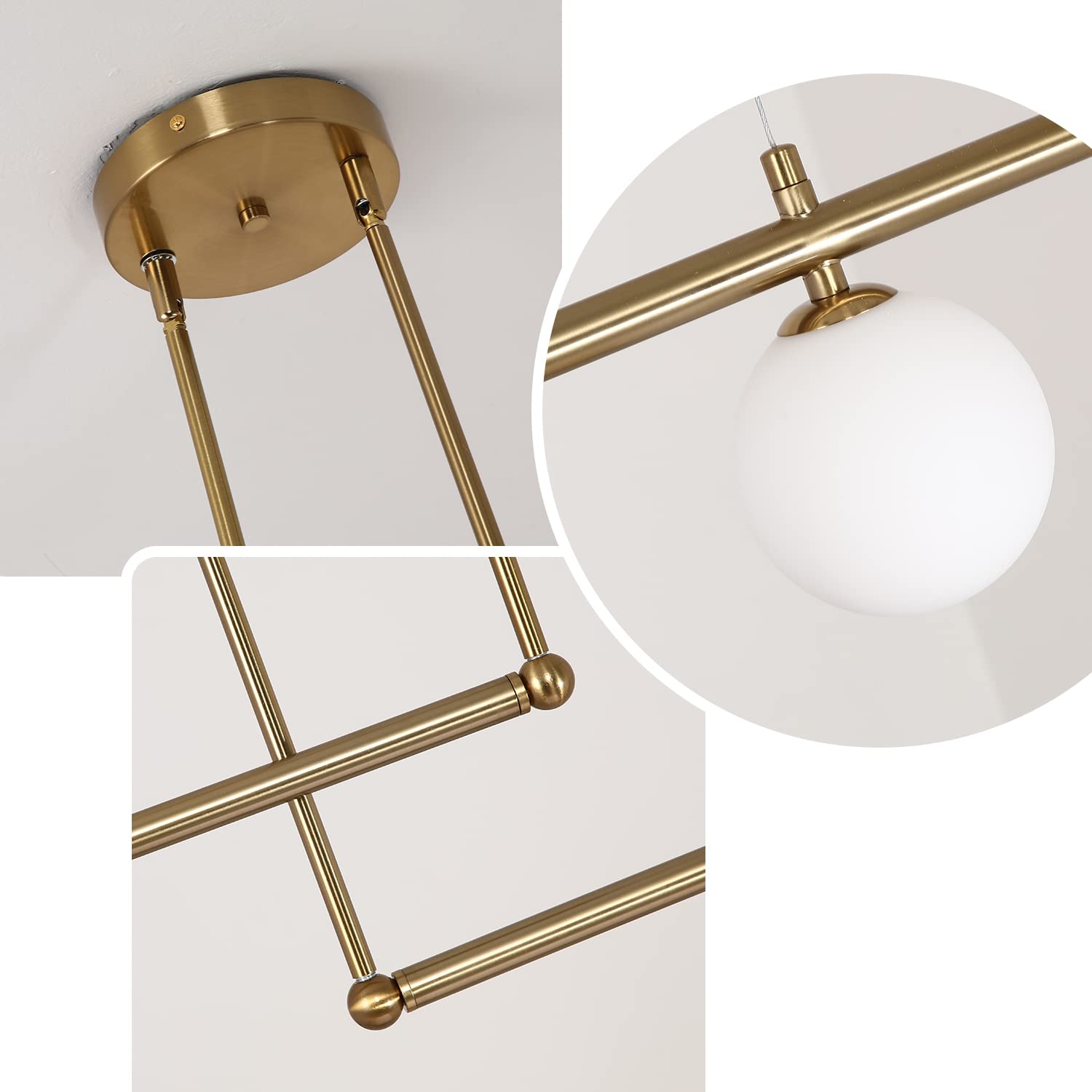 Modern Gold Glass Globe Chandelier - 3-Light Linear Ceiling Pendant Light with Glass Shade for Dining Room, Kitchen Island & Living Room Lighting | Elegant Hanging Light Fixture for Home Decor