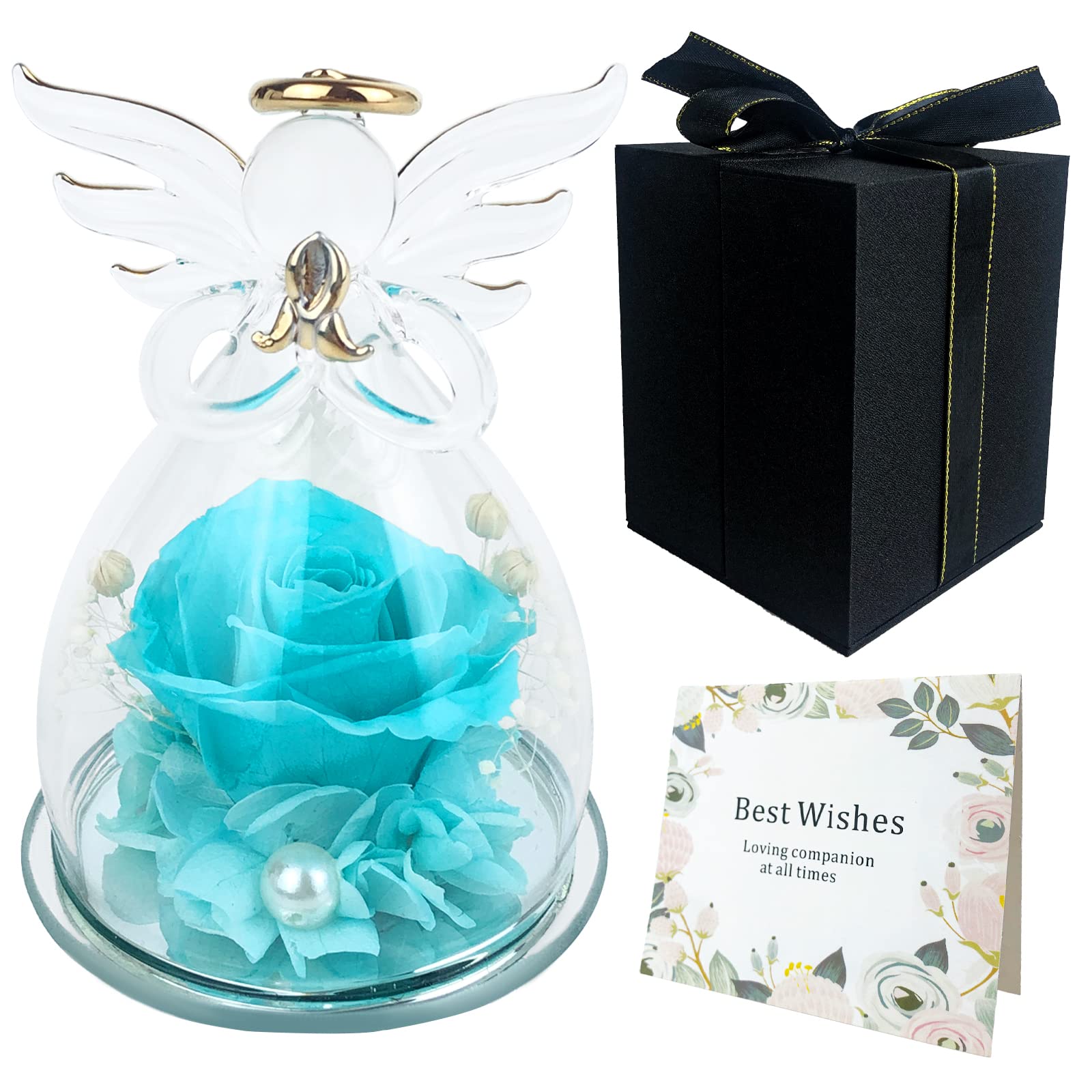 RelatoHolife Preserved Real Rose in Glass Angel Figurine - Eternal Flower Gift for Women, Mom, Grandma | Perfect for Wedding Anniversary, Birthday, Thanksgiving & Christmas (Blue) | Home Decor, Romantic Gift, Special Occasion Present