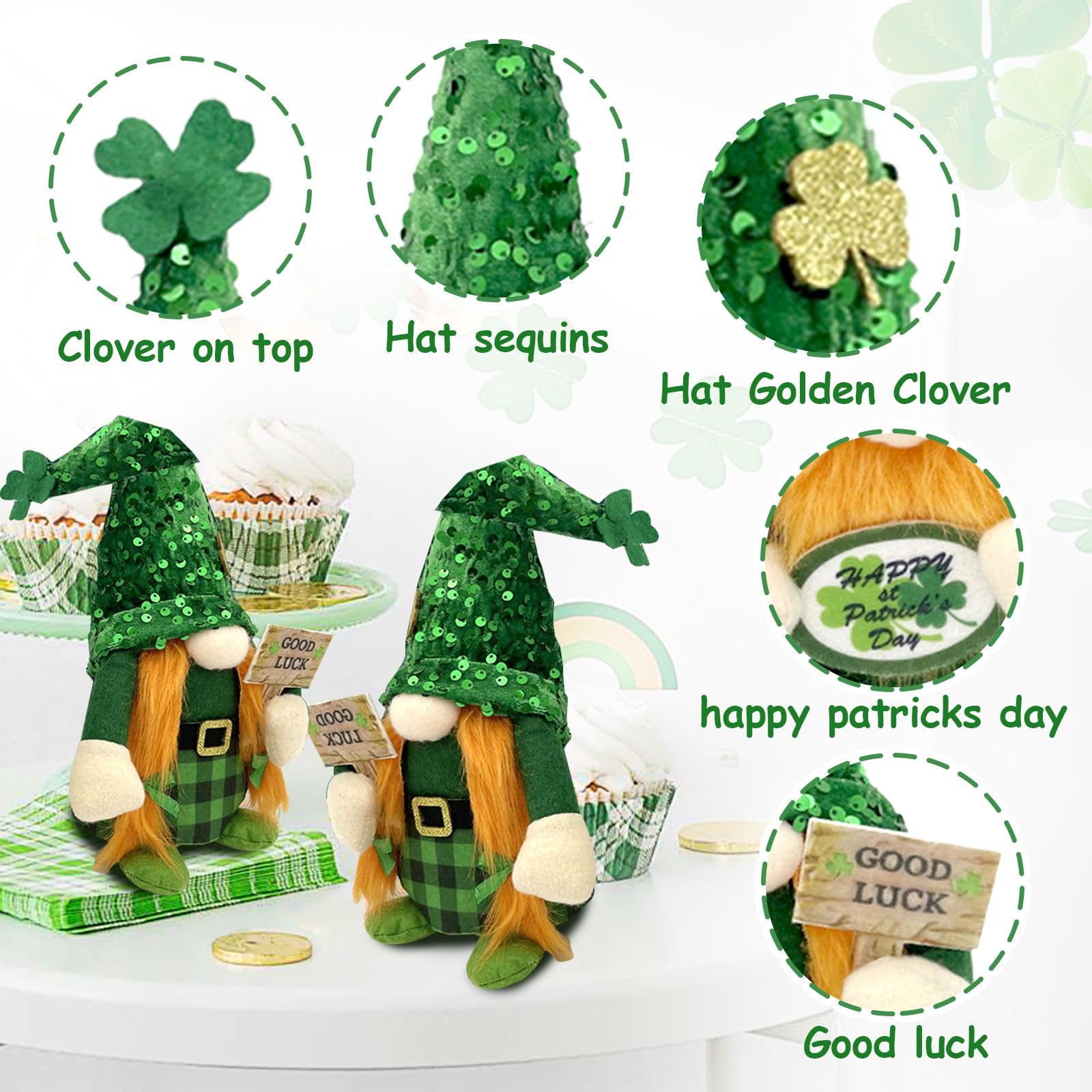 2PCS St. Patrick's Day Gnome Plush Dolls - Green Glitter Leprechaun Shamrock Decorations for Home, Office & Party | Perfect St. Patrick's Day Gifts & Irish-Themed Decor
