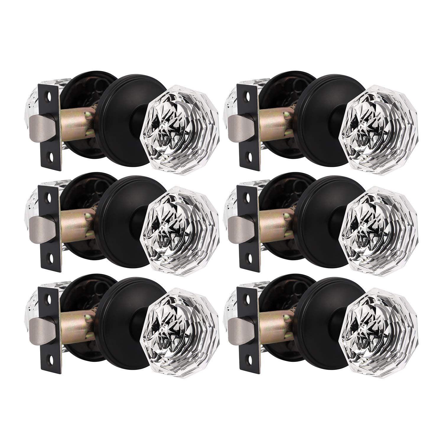 KNOBWELL 6 Pack Classic Octagon Crystal Door Knobs - Matte Black Victorian Style with Rosette Plates for Hallway, Closet & Interior Doors | Durable Passage Function Hardware for Home & Office Decor