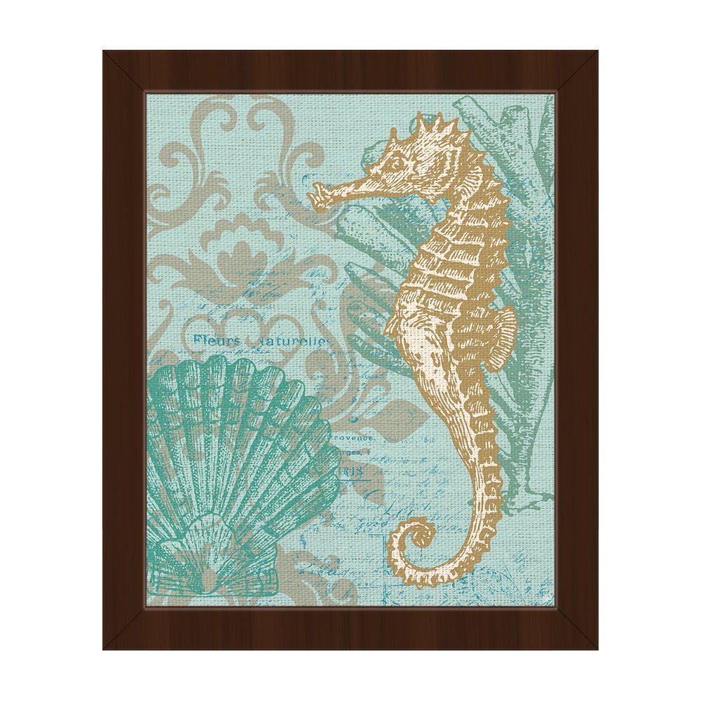 Damask Seahorse Light Green Canvas Wall Art - Vintage Nautical Line Drawing of Seahorse, Scallop & Coral on Celadon Background - Espresso Framed Beach House Decor for Coastal Living Room, Bedroom or Bathroom