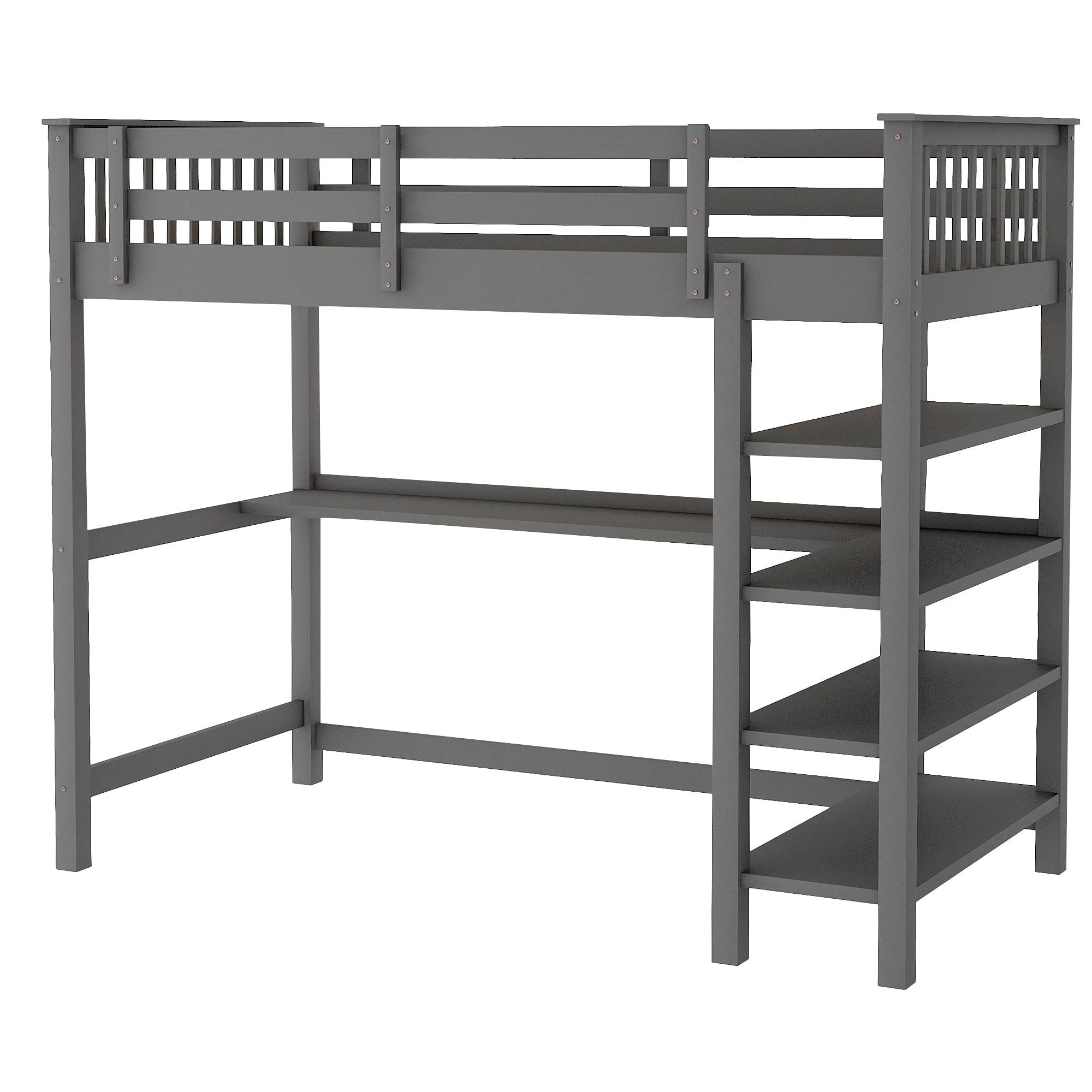 **Wooden Loft Bed with Storage Shelves & Under-Bed Desk - Full-Length Guardrail & Built-in Ladder - Space-Saving Bed for Kids, Teens & Adults (Gray) - Perfect for Small Rooms, Dorms & Apartments**
