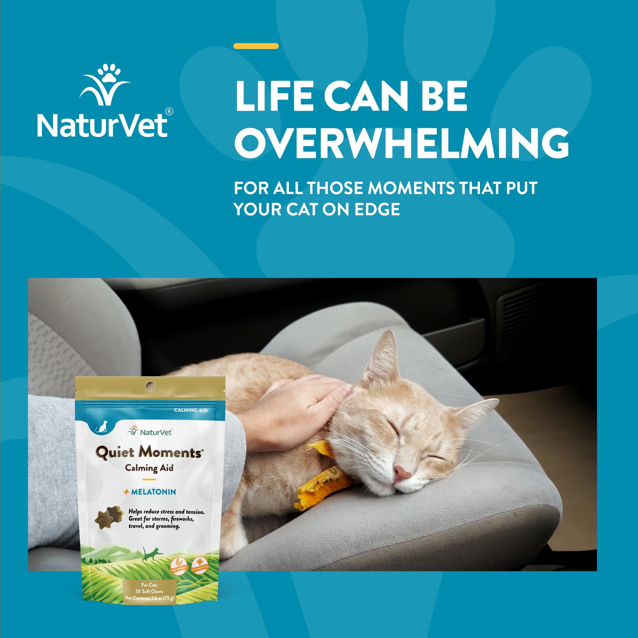 NaturVet Quiet Moments Calming Aid Cat Supplement with Melatonin – Stress Relief for Cats – Helps with Anxiety, Motion Sickness, Grooming & Travel – 50 Soft Chews – Perfect for Storms, Vet Visits & New Environments