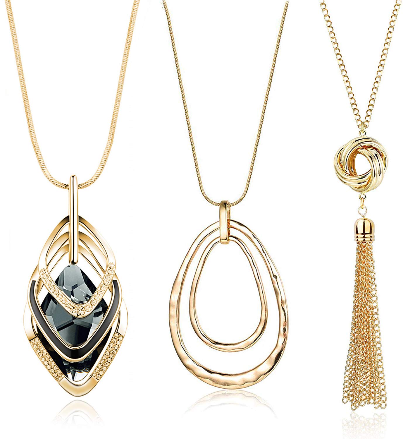 3PCS Long Pendant Necklaces for Women - Disk Circle & Tassel Y Necklace Set, Triple Stack Statement Jewelry for Casual Wear, Office & Date Night