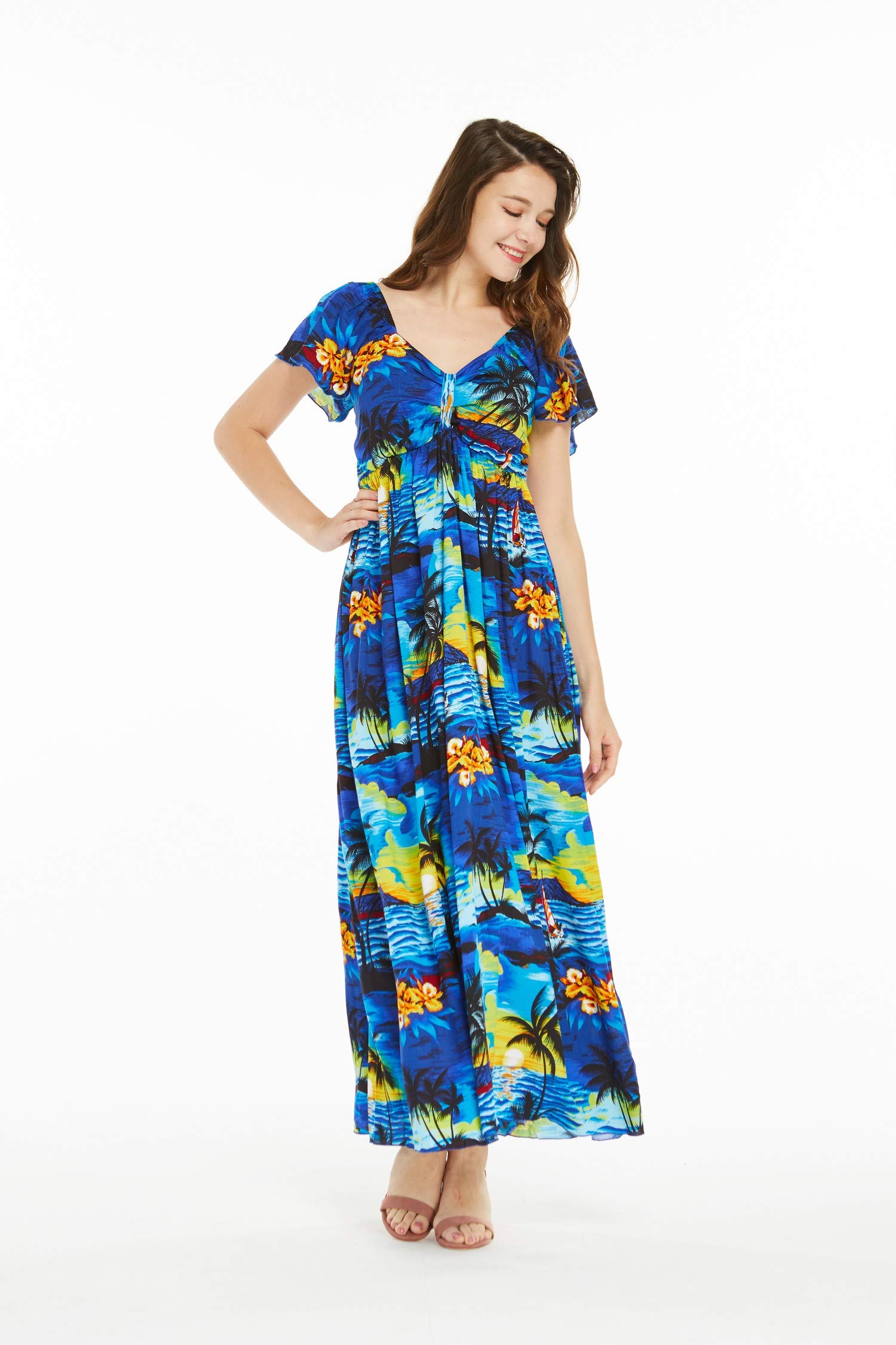 Women's Hawaiian Maxi Dress with Ruffle Sleeves - Sunset Print Floral Beach Dress for Vacation, Summer Party & Tropical Getaway
