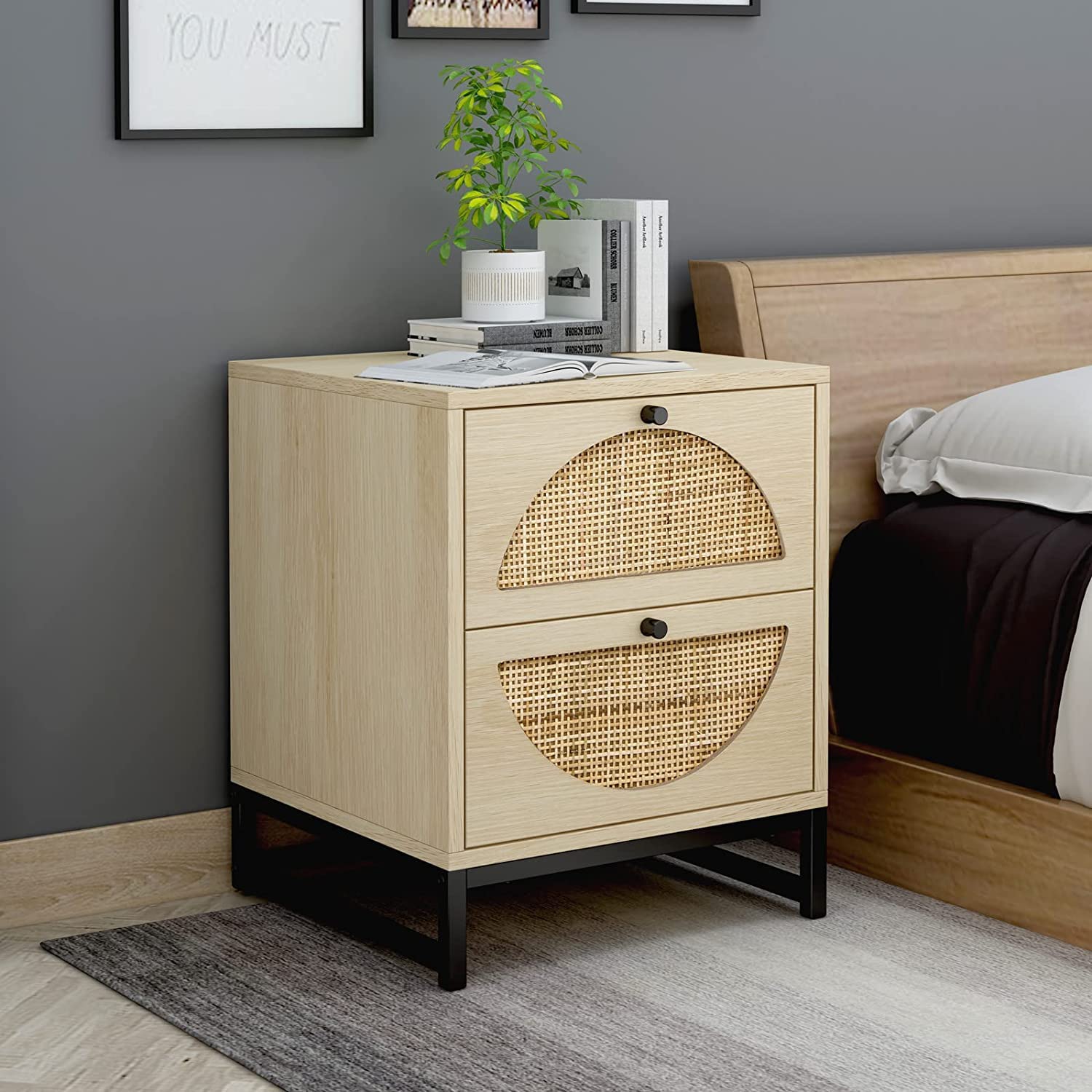 Rattan Nightstand with 2 Drawers & Metal Legs - Rustic Bedside Table for Bedroom & Living Room Storage